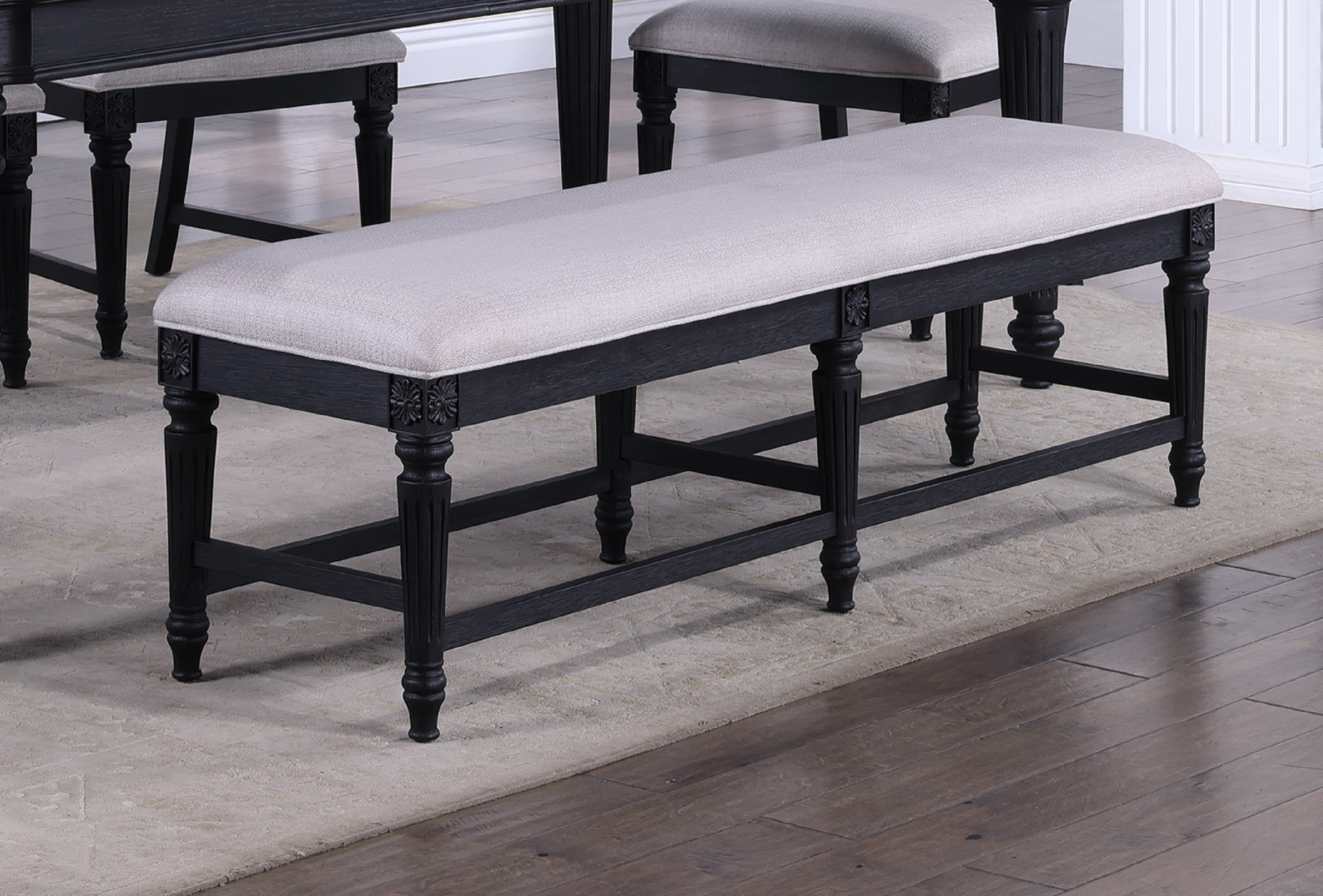 Beautiful Traditional 1pc Dark Brown Finish Bench Gray Upholstery Carved  Legs Solid Wood Wooden Dining Room Furniture