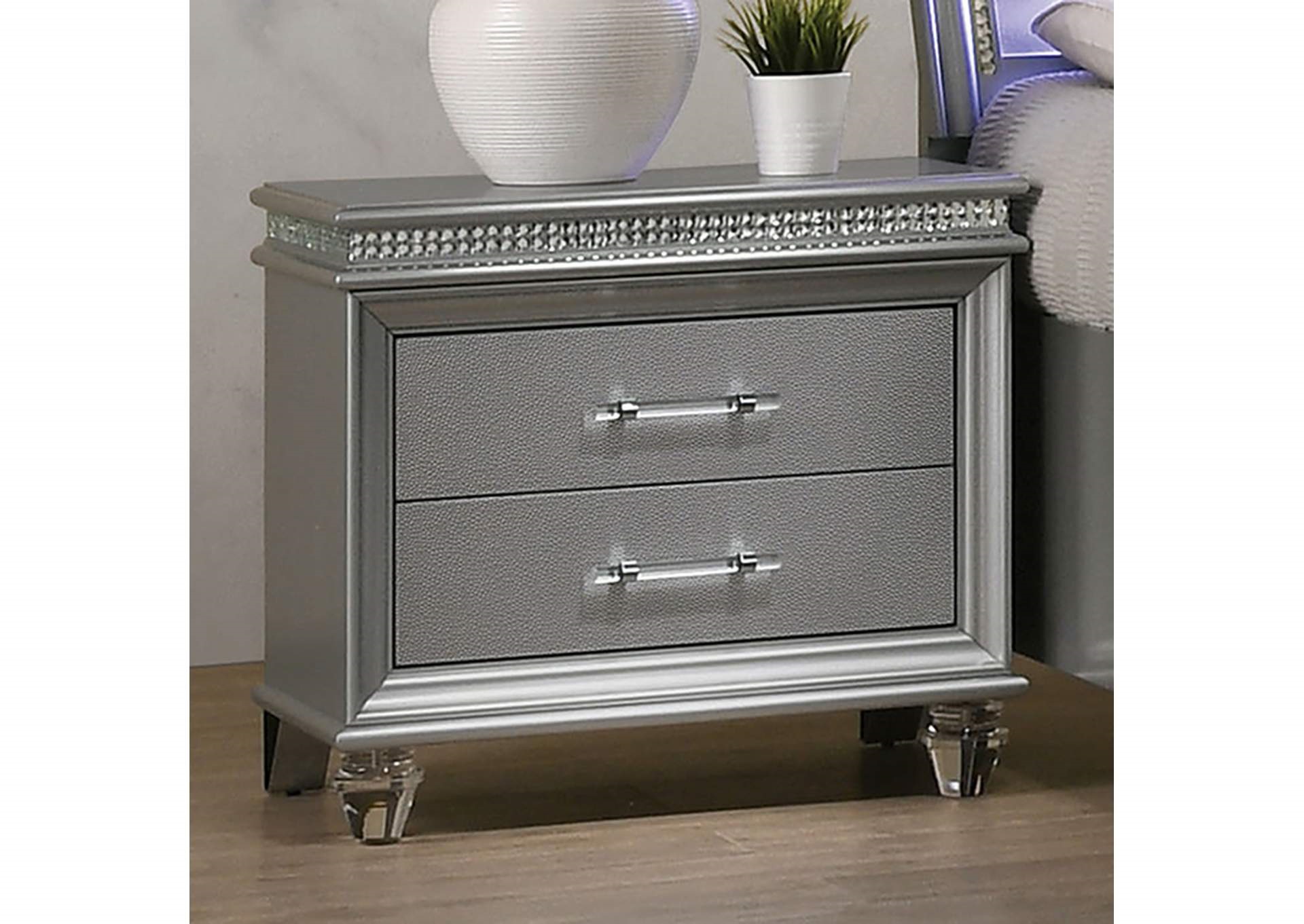 Classic Silver1pc Nightstand Only Contemporary Solid wood 2-Drawers Felt-lined Top English Dovetail Acrylic Legs & Pull Handle