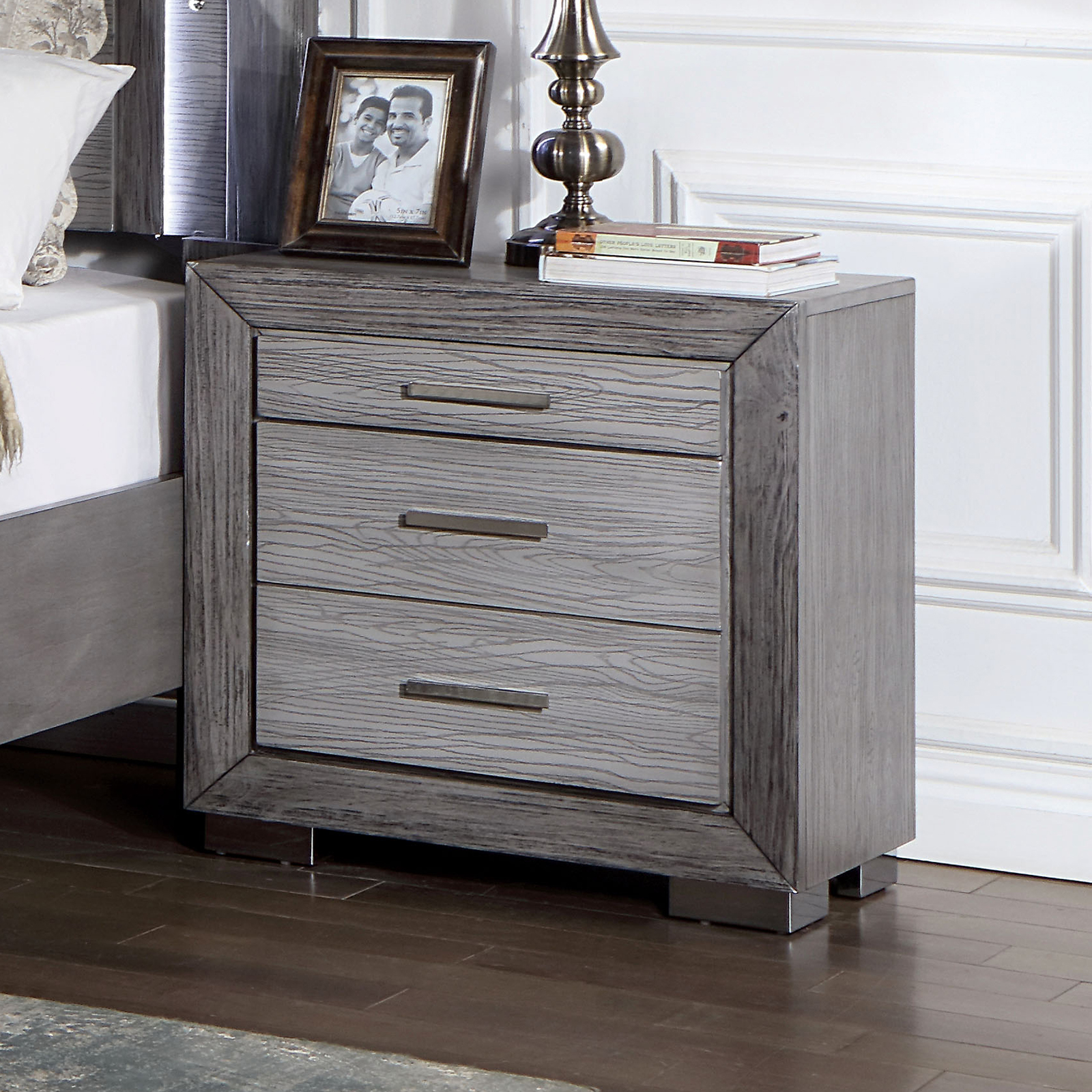 Gray Color Nightstand Bedroom 1pc Nightstand Solid wood Bar Handles 3-Drawers bedside Table Metal Bracket Legs USB Ports