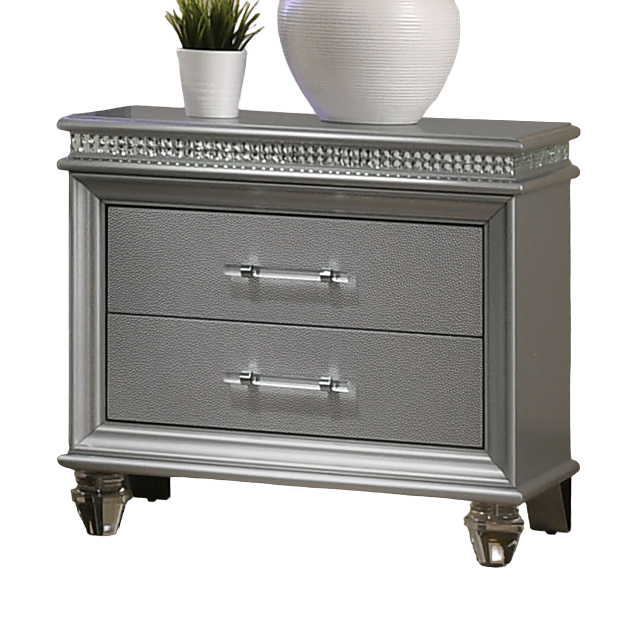 Classic Silver1pc Nightstand Only Contemporary Solid wood 2-Drawers Felt-lined Top English Dovetail Acrylic Legs & Pull Handle