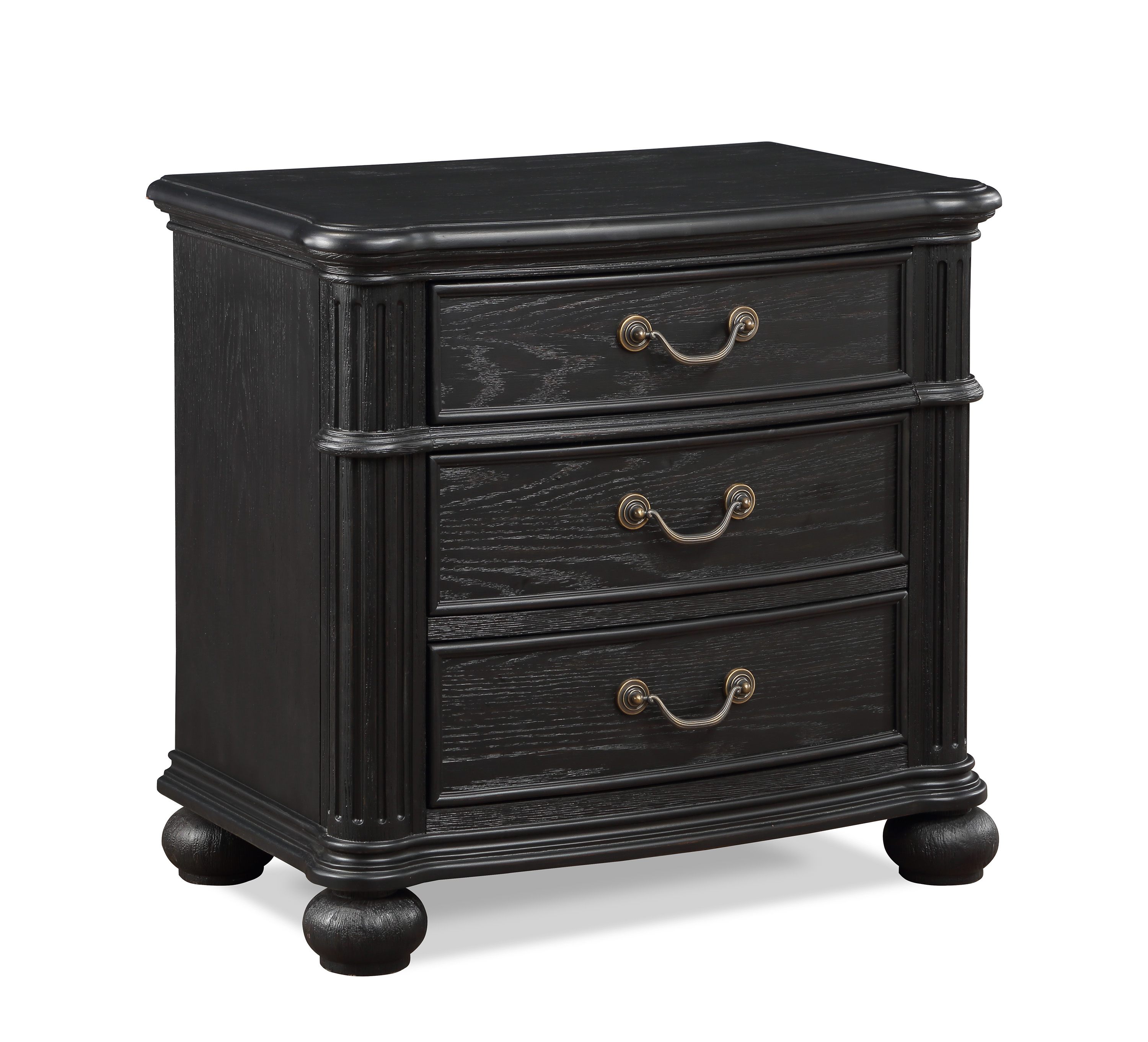 1pc Traditional Vintage Antique Drawer Pull 3-Drawer Nightstand Black Gray Dark Finish Bedroom Wooden Furniture