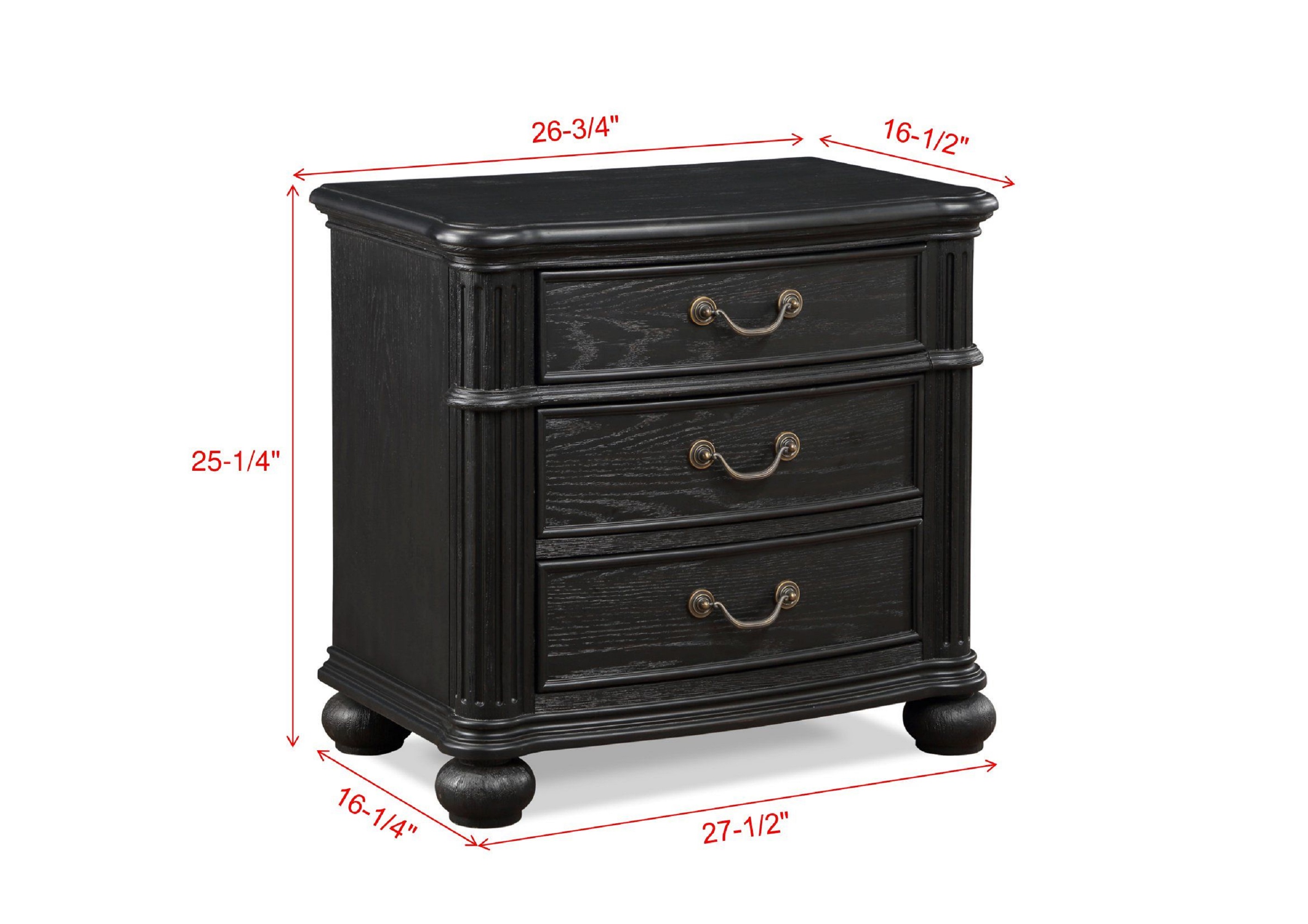 1pc Traditional Vintage Antique Drawer Pull 3-Drawer Nightstand Black Gray Dark Finish Bedroom Wooden Furniture