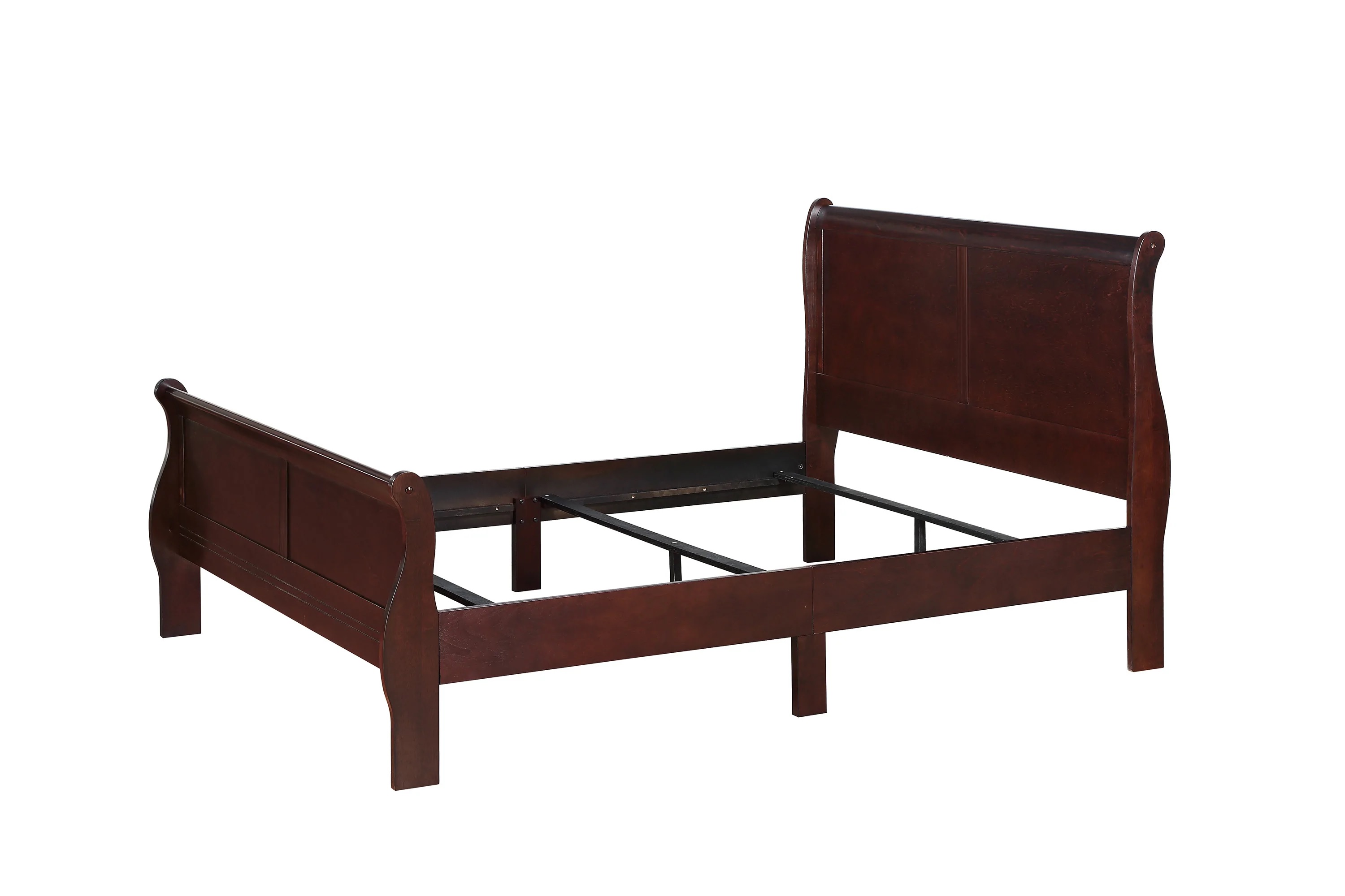 Louis Phillipe Brown Cherry Finish Full Size Panel Sleigh Bed Solid Wood Wooden Bedroom Furniture