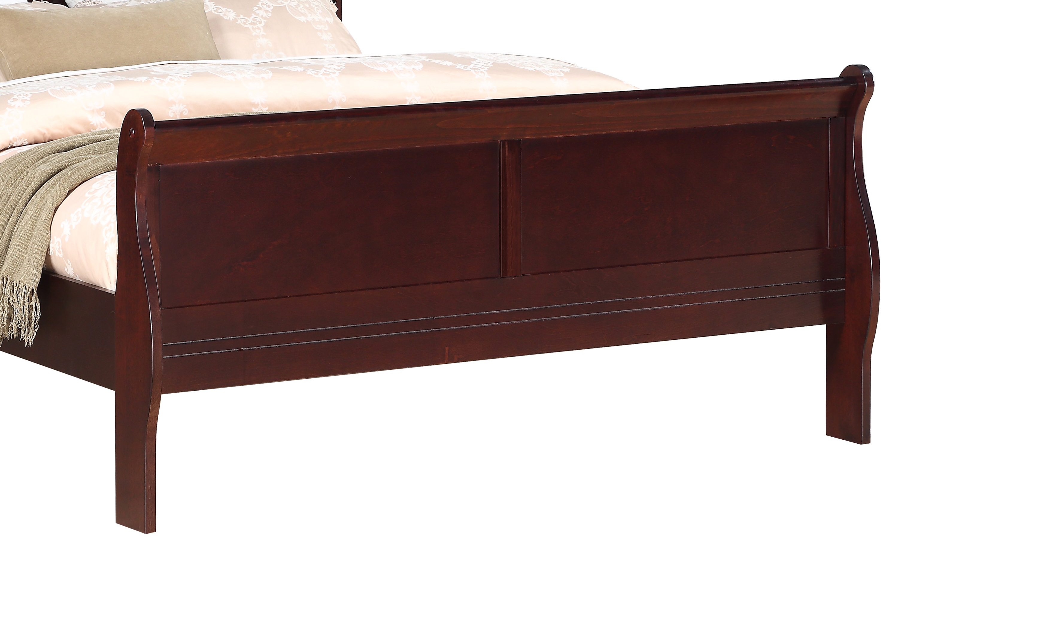 Louis Phillipe Brown Cherry Finish Full Size Panel Sleigh Bed Solid Wood Wooden Bedroom Furniture