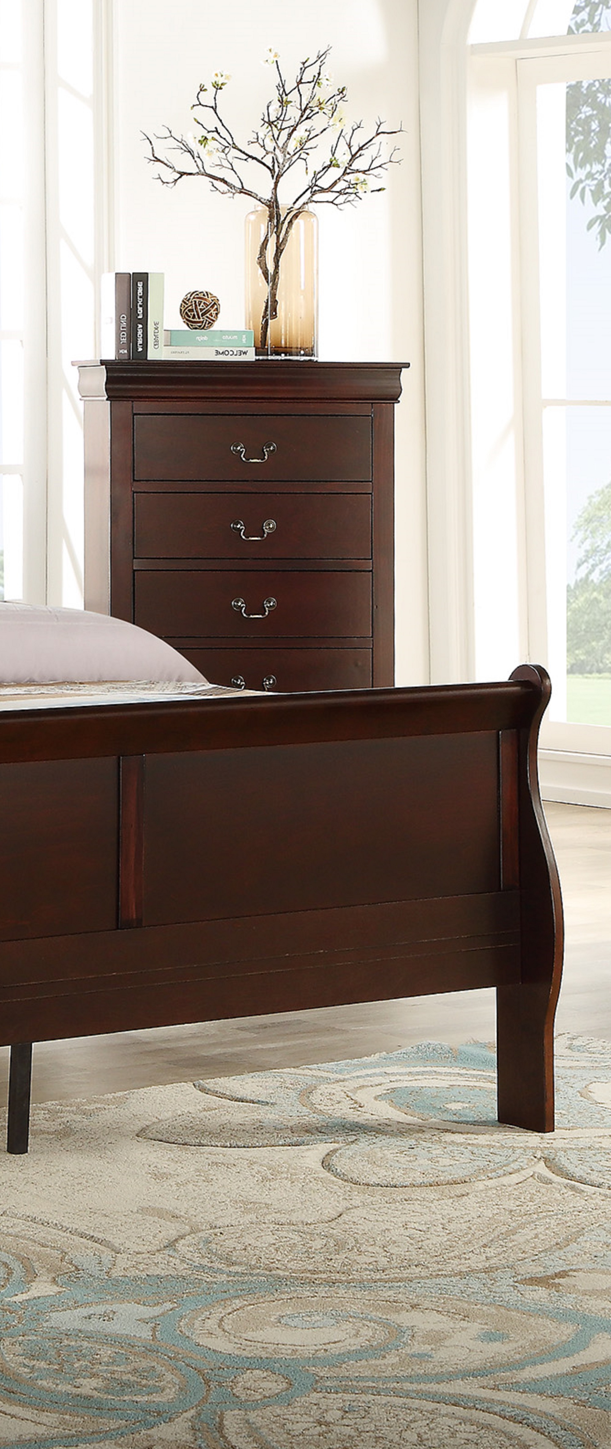 1pc Cherry Finish Five Drawers Louis Philip Chest Solid Wood Contemporary Sleek Ample Storage