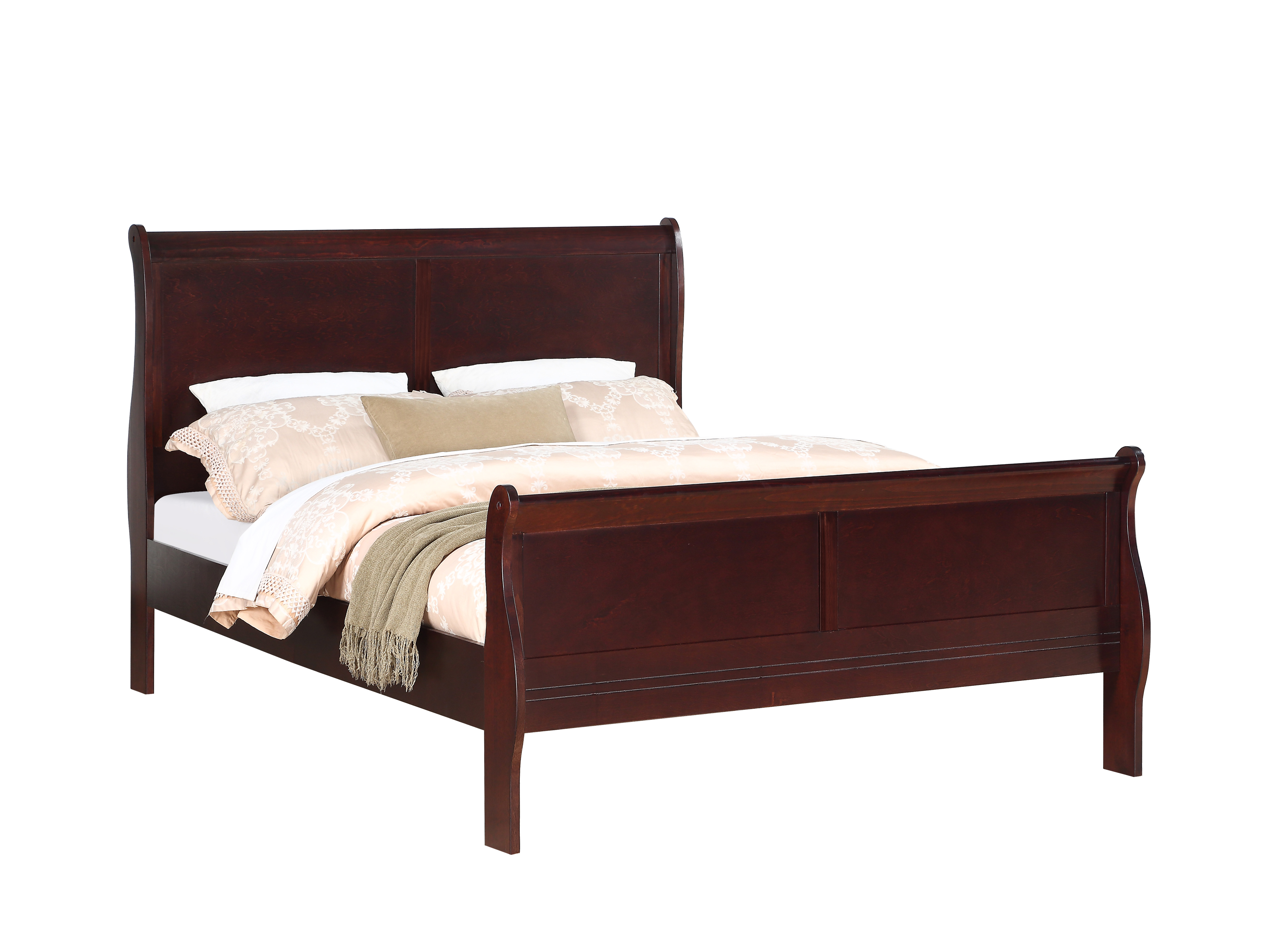 Louis Phillipe Brown Cherry Finish Full Size Panel Sleigh Bed Solid Wood Wooden Bedroom Furniture