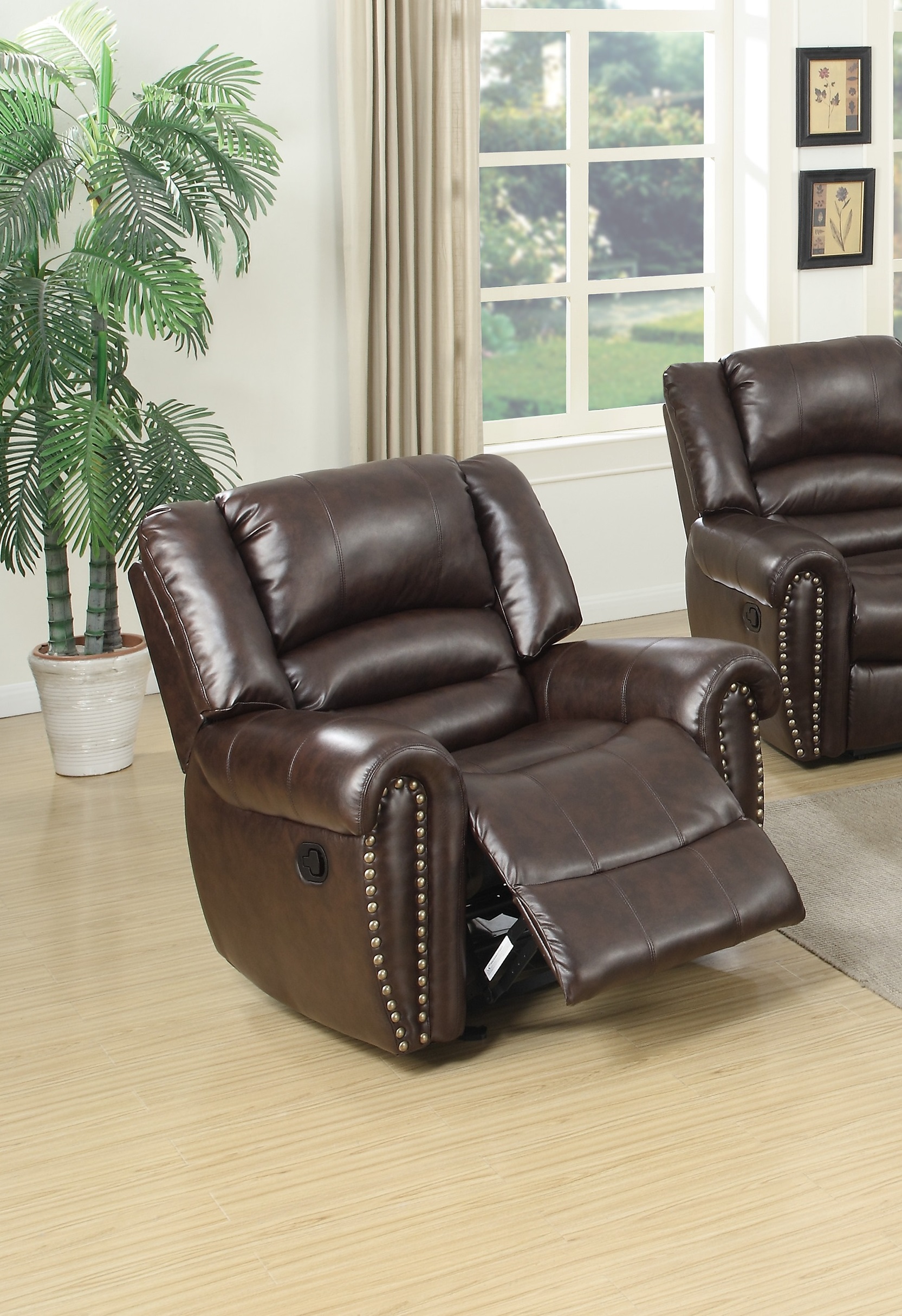 Modern 1pc Manual Motion Recliner Chair Glider Dark Brown Bonded Leather Armrest Cushion Seating Nailhead Living Room Furniture