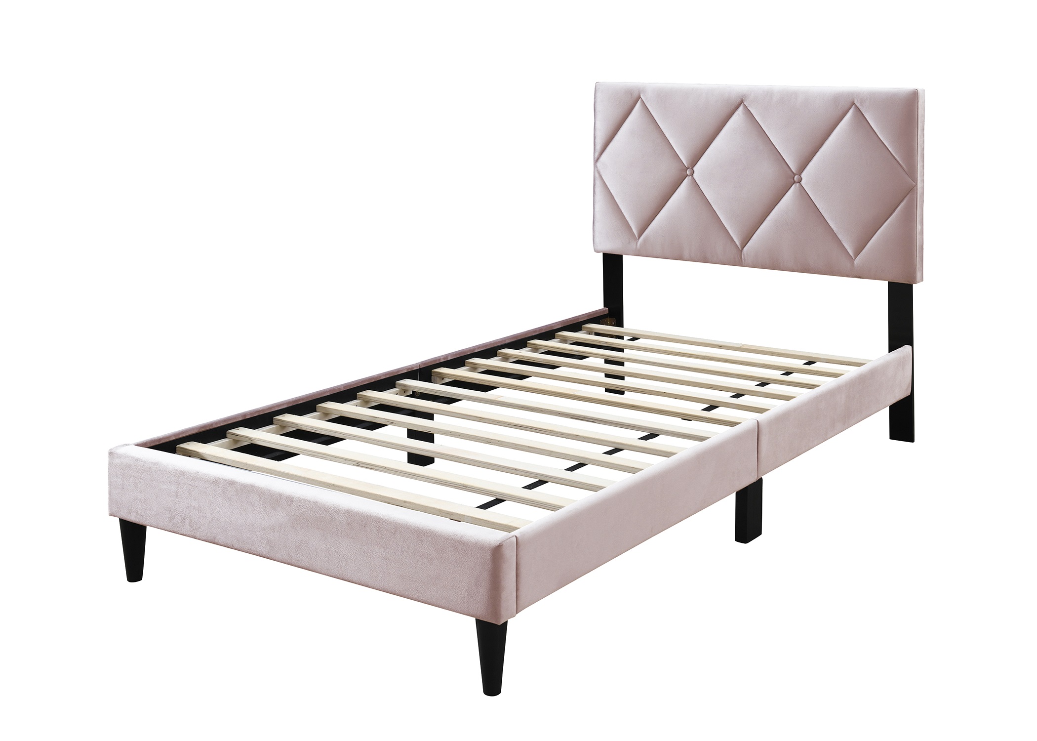 Full Size Bed w Adjustable Headboard 1pc Bedframe, Light Pink Velvet Upholstered Youth Bedroom Furniture