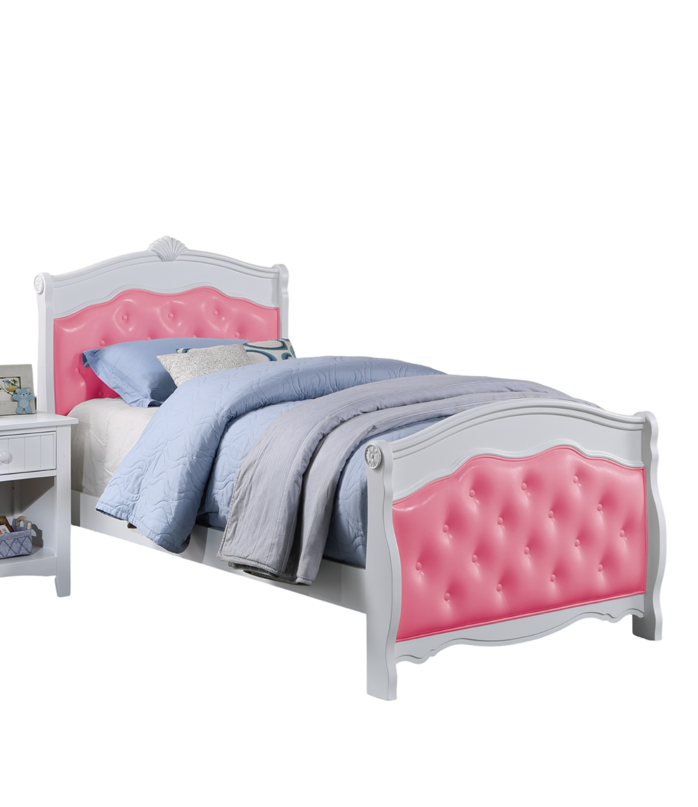 White Full Size Bed Youth Bedroom Furniture Pink Faux Leather Headboard Footboard Plywood 1pc Bedframe