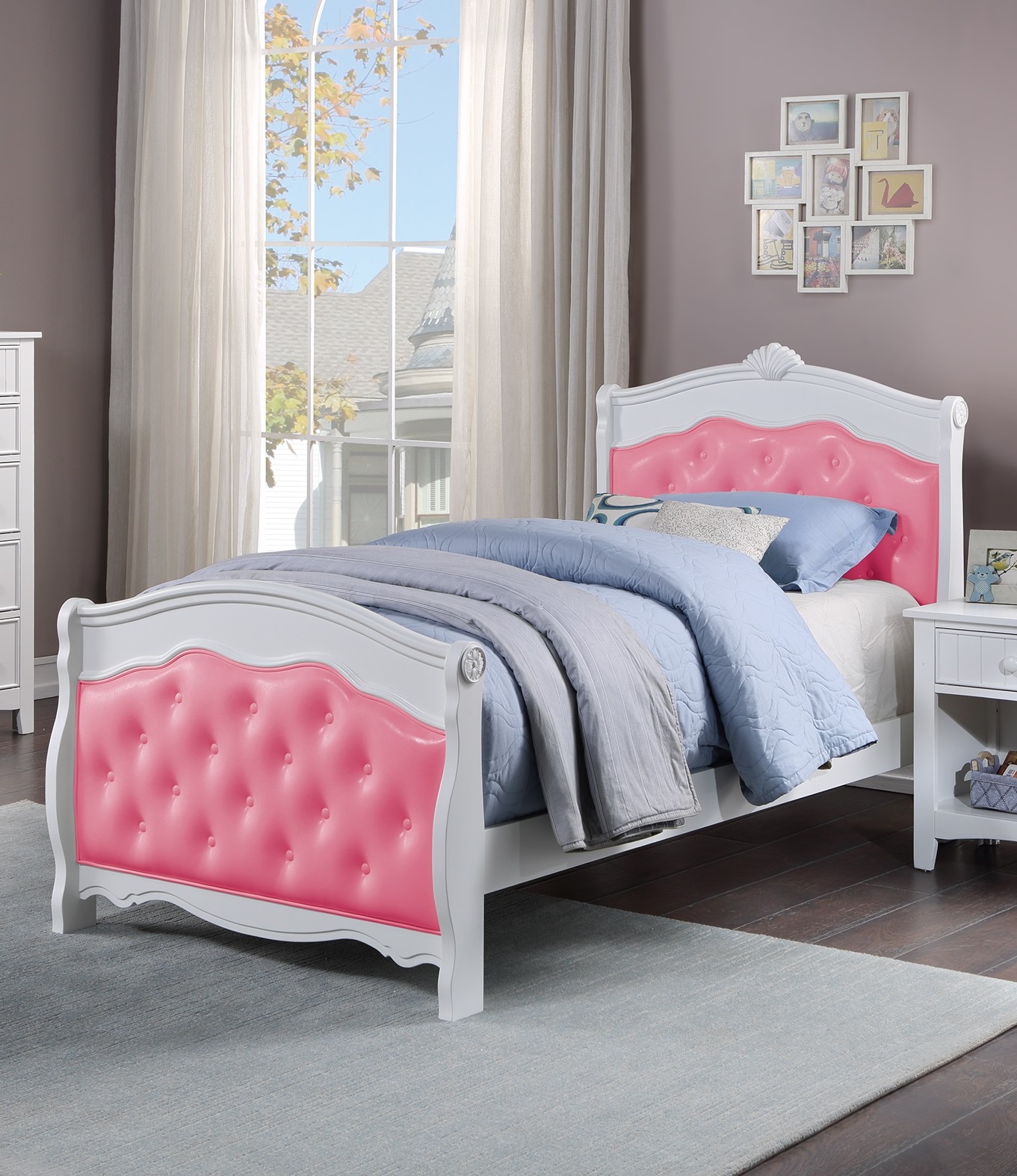 White Full Size Bed Youth Bedroom Furniture Pink Faux Leather Headboard Footboard Plywood 1pc Bedframe