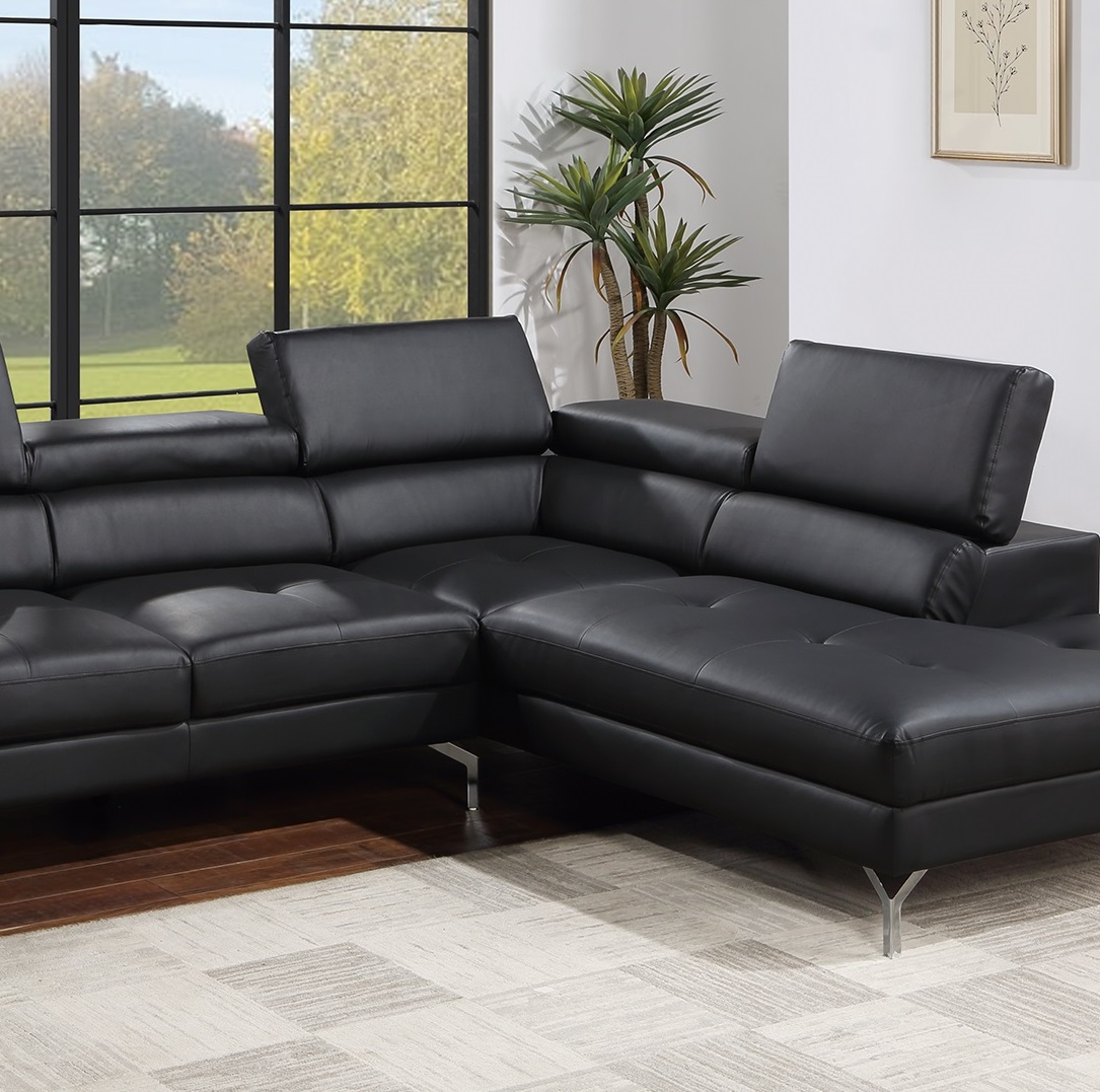 Black Color Sectional Couch 2pc Set Living Room Furniture Faux Leather Right Facing Chaise And Left Facing Sofa Metal Legs