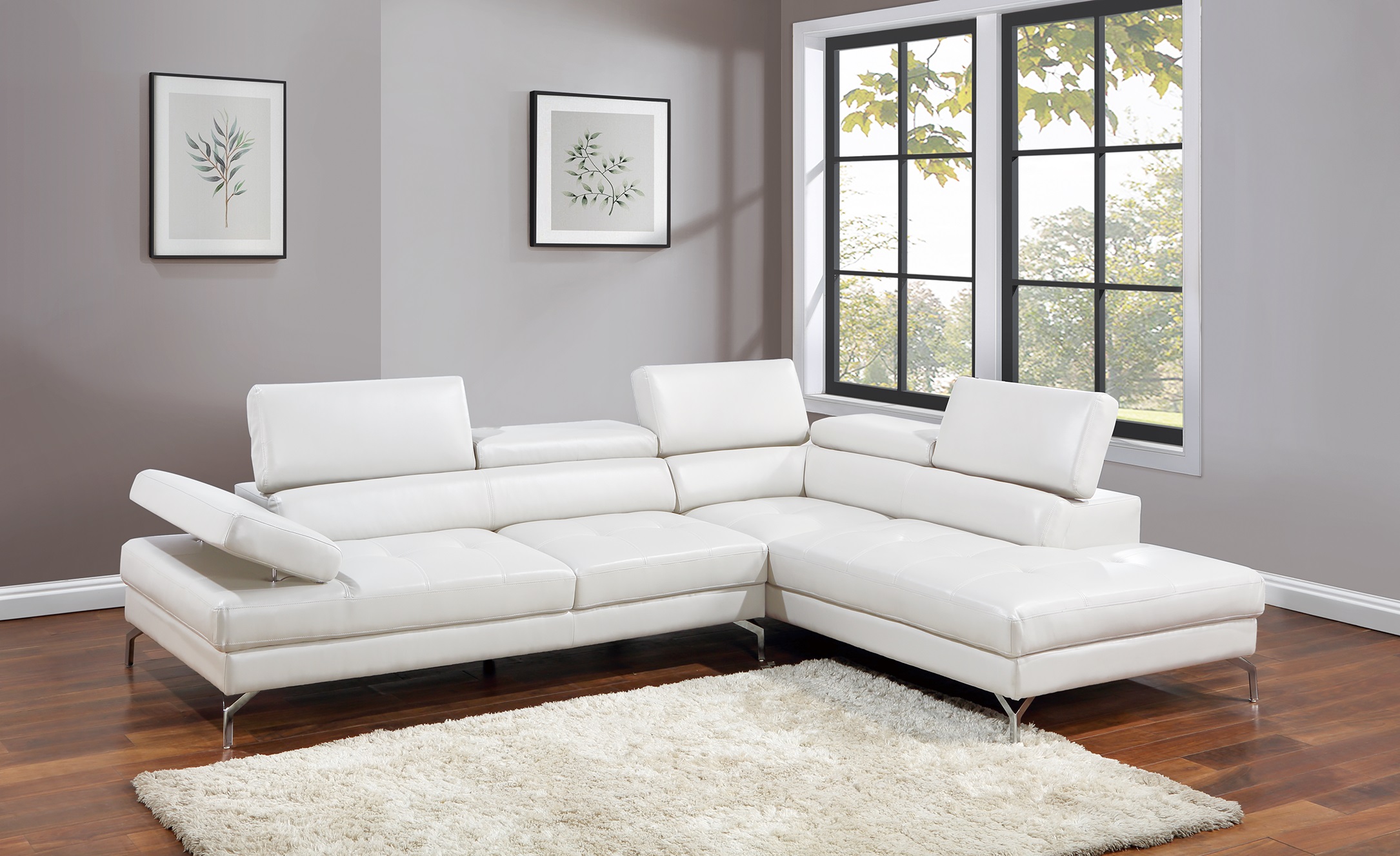 White Sectional Couch 2pc Set Living Room Faux Leather Right Facing Chaise And Left Facing Sofa Adjustable Armrest Headrest