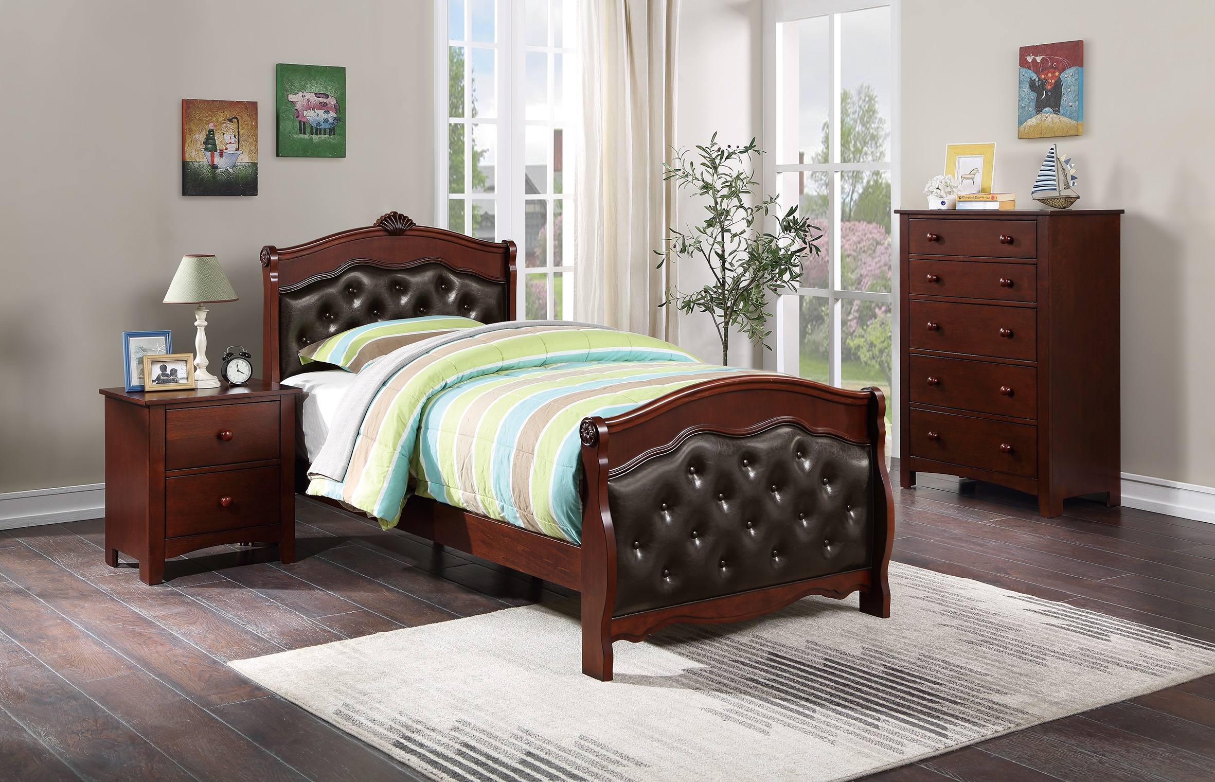 Dark Cherry Twin Size Bed Youth Bedroom Furniture Espresso Faux Leather Headboard Footboard Plywood 1pc Bedframe