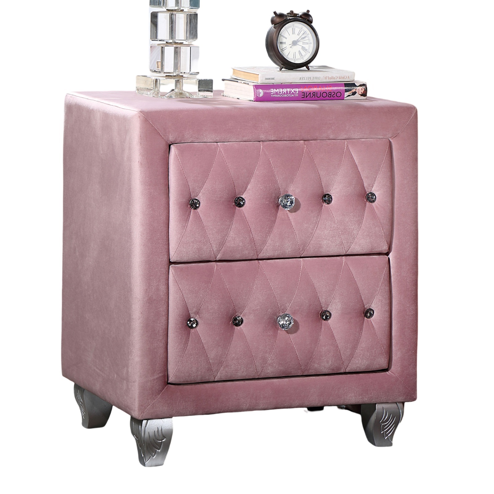 Beautiful Pink Color 1pc Nightstand Bedroom Furniture Bedside Table Crystal-like Acrylic Knob 2-Drawers Storage