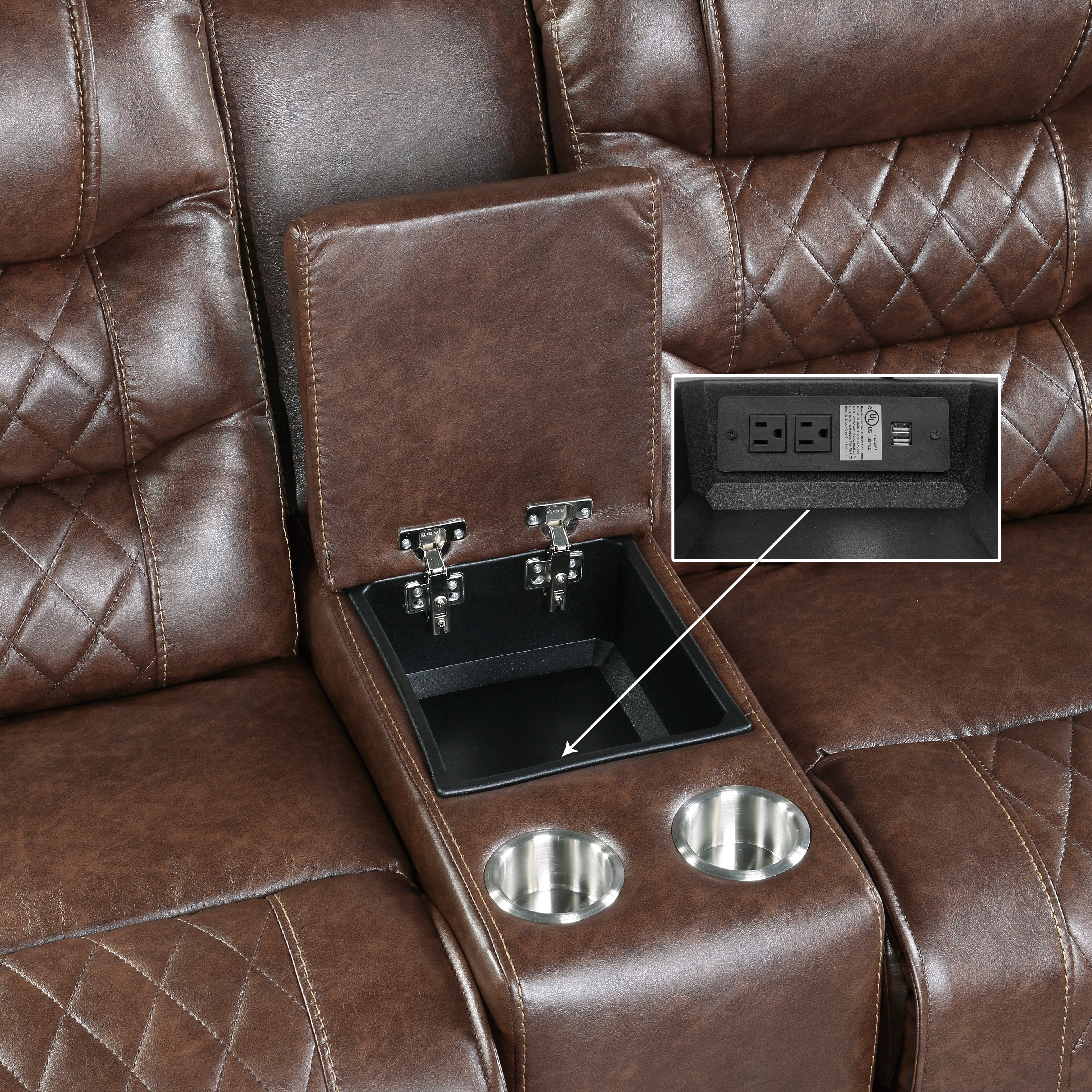 Luxurious Living Room Furniture 3pc Reclining Sofa Set Brown Breathable Faux Leather Upholstery Sofa Loveseat Swivel Chair, USB Ports, Power Outlets, Diamond pattern Stitching