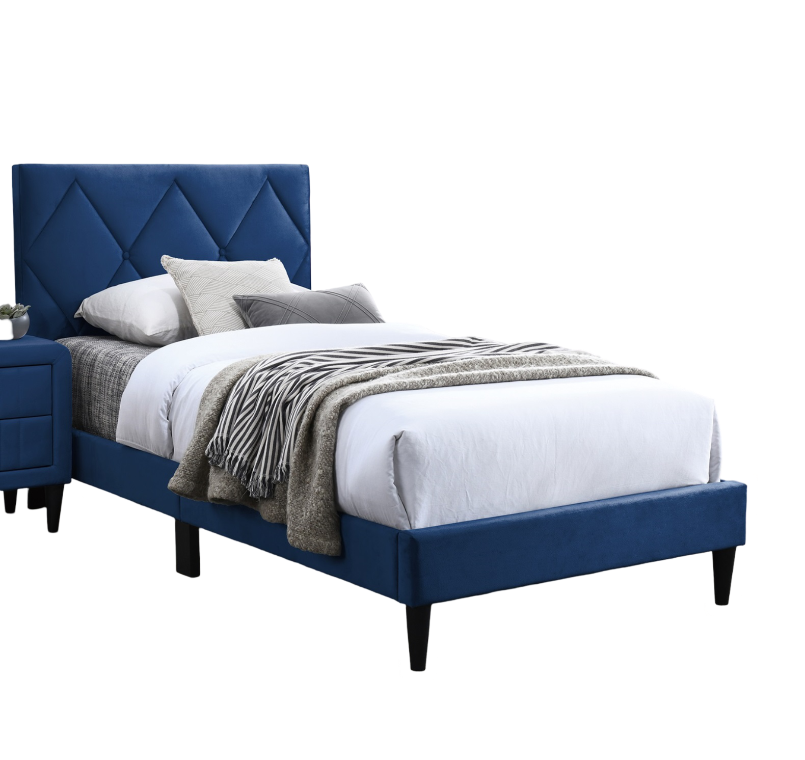 Full Size Bed w Adjustable Headboard 1pc Bedframe, Navy Blue Velvet Upholstered Youth Bedroom Furniture