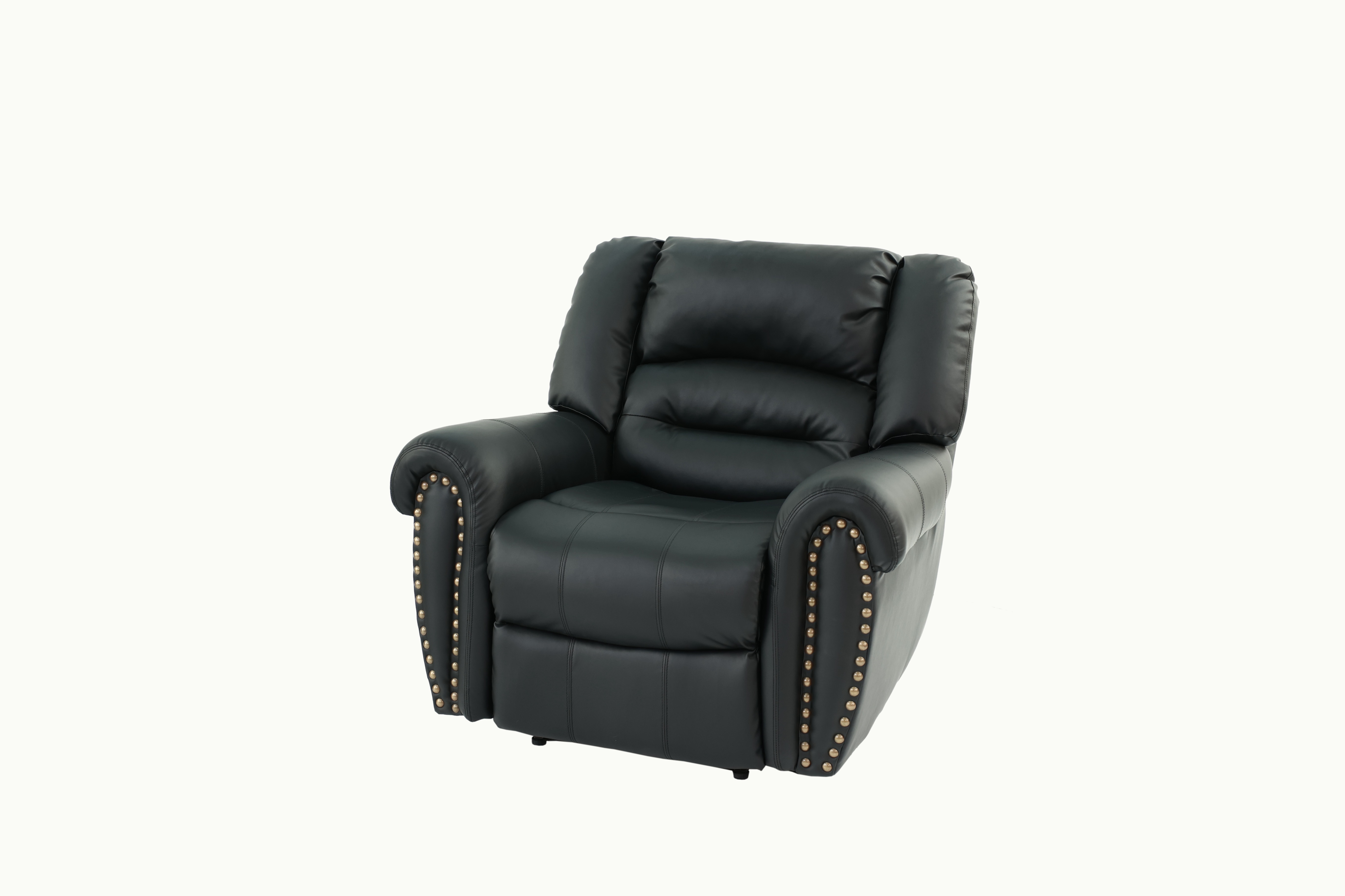 Modern 1pc Manual Motion Recliner Chair Glider Black Color Bonded Leather Armrest Cushion Seating Nailhead Living Room Furniture