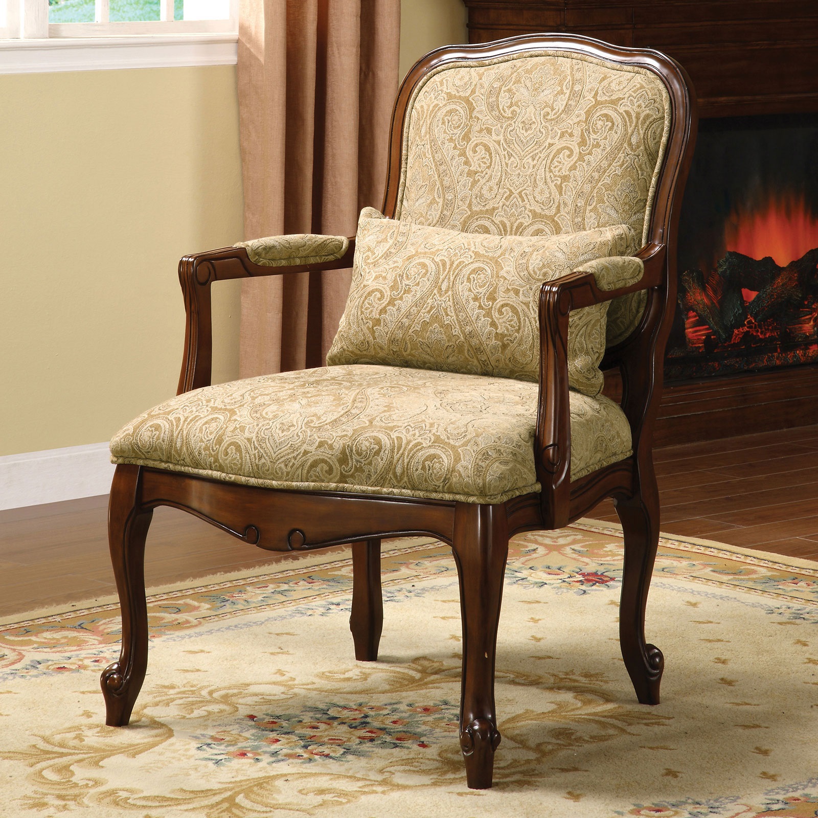 Queen Anne Style Legs Traditional Accent Chair w Pillow Beige Fabric Dark Cherry Solid wood Padded Seat 1pc Arm Chair