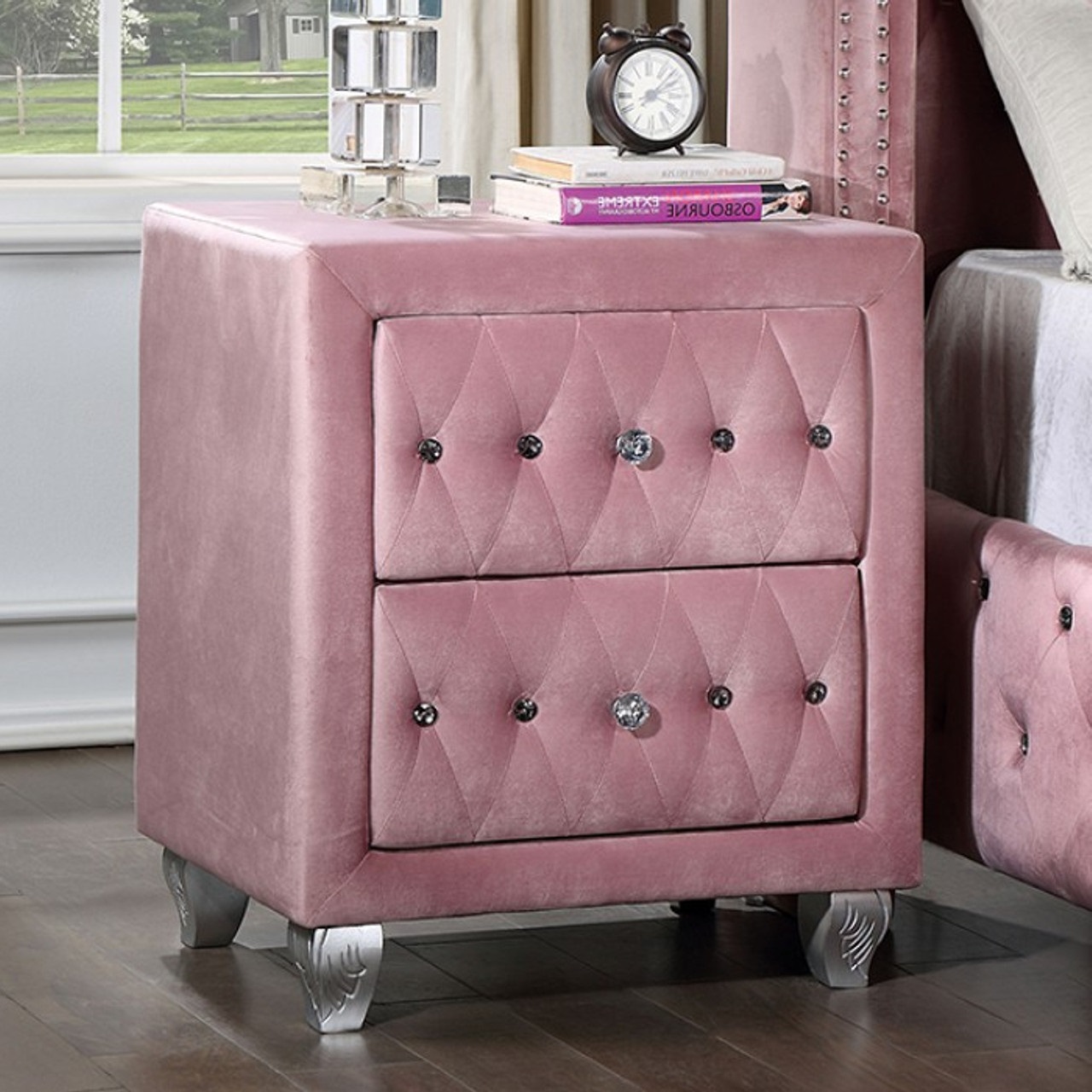 Beautiful Pink Color 1pc Nightstand Bedroom Furniture Bedside Table Crystal-like Acrylic Knob 2-Drawers Storage