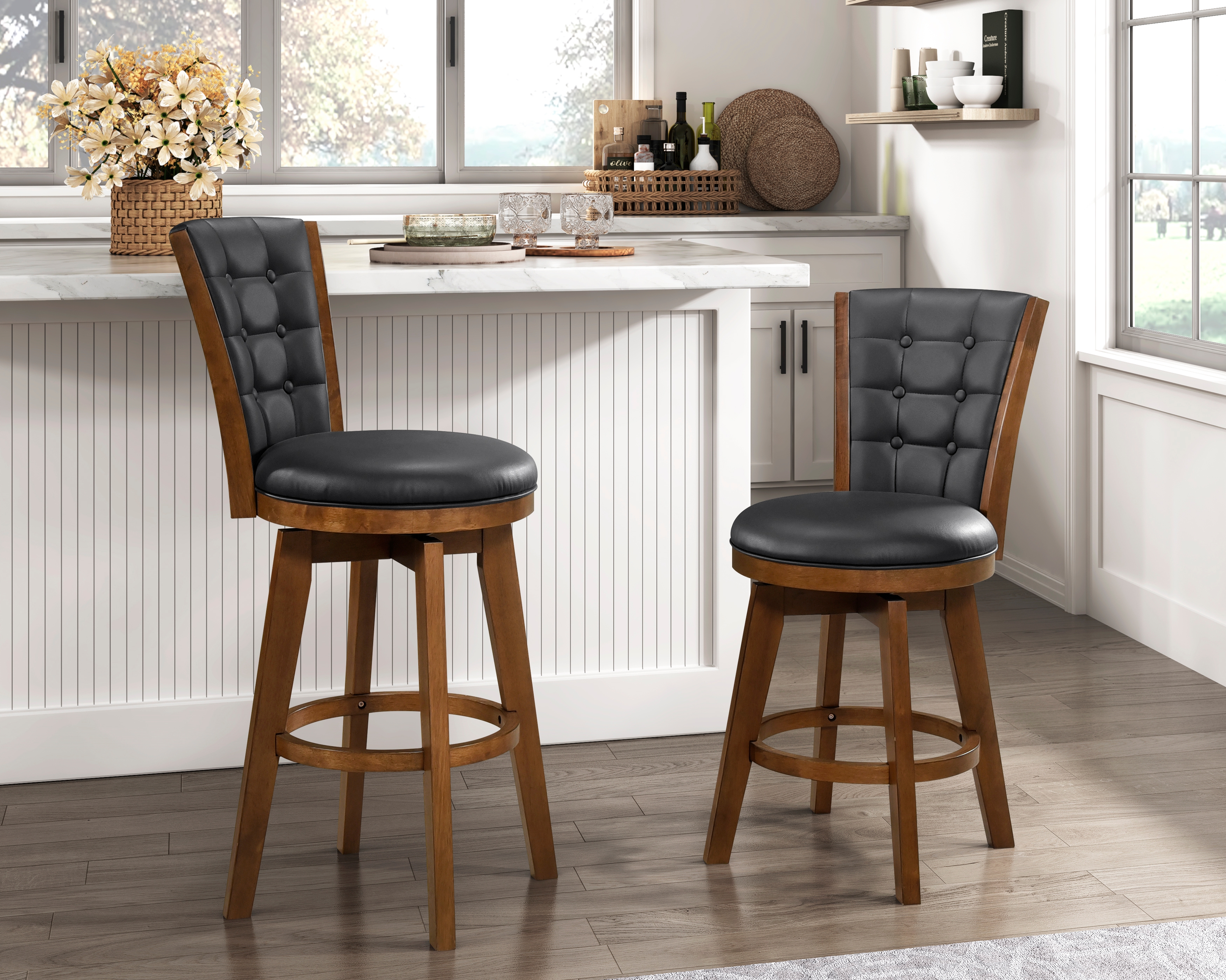 Button-Tufted Swivel Bar Chairs Set of 2, Upholstered Seat and Back Chestnut Finish Solid Wood Furniture