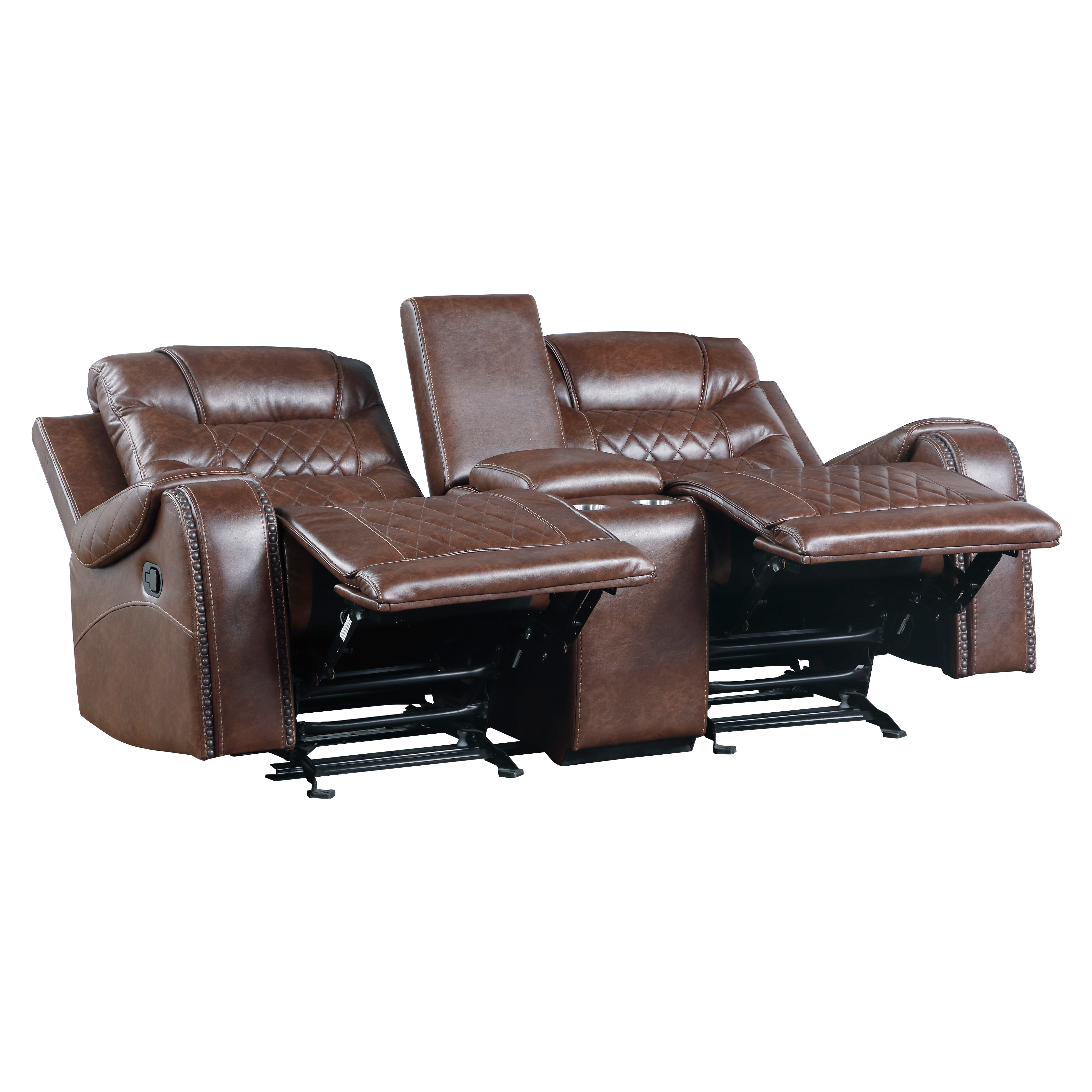 Luxurious Living Room Furniture 3pc Reclining Sofa Set Brown Breathable Faux Leather Upholstery Sofa Loveseat Swivel Chair, USB Ports, Power Outlets, Diamond pattern Stitching