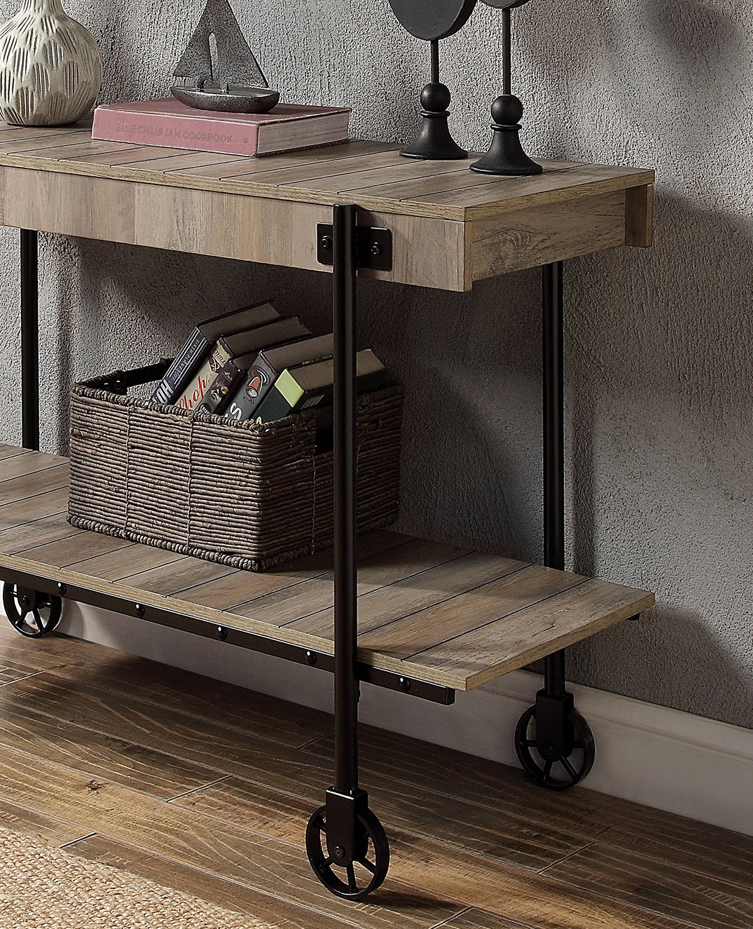 Industrial Style 1pc Sofa Table Natural Tone Slat Design Console Table Open Bottom Shelf Living Room Furniture