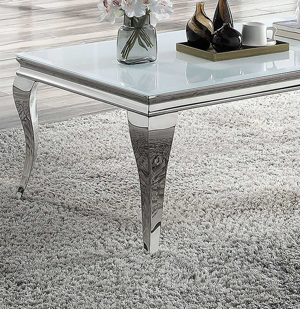 Glam Contemporary 1pc Coffee Table White Glass Top Silver Color Table Living Room Stainless Steel Cabriole-Style Legs