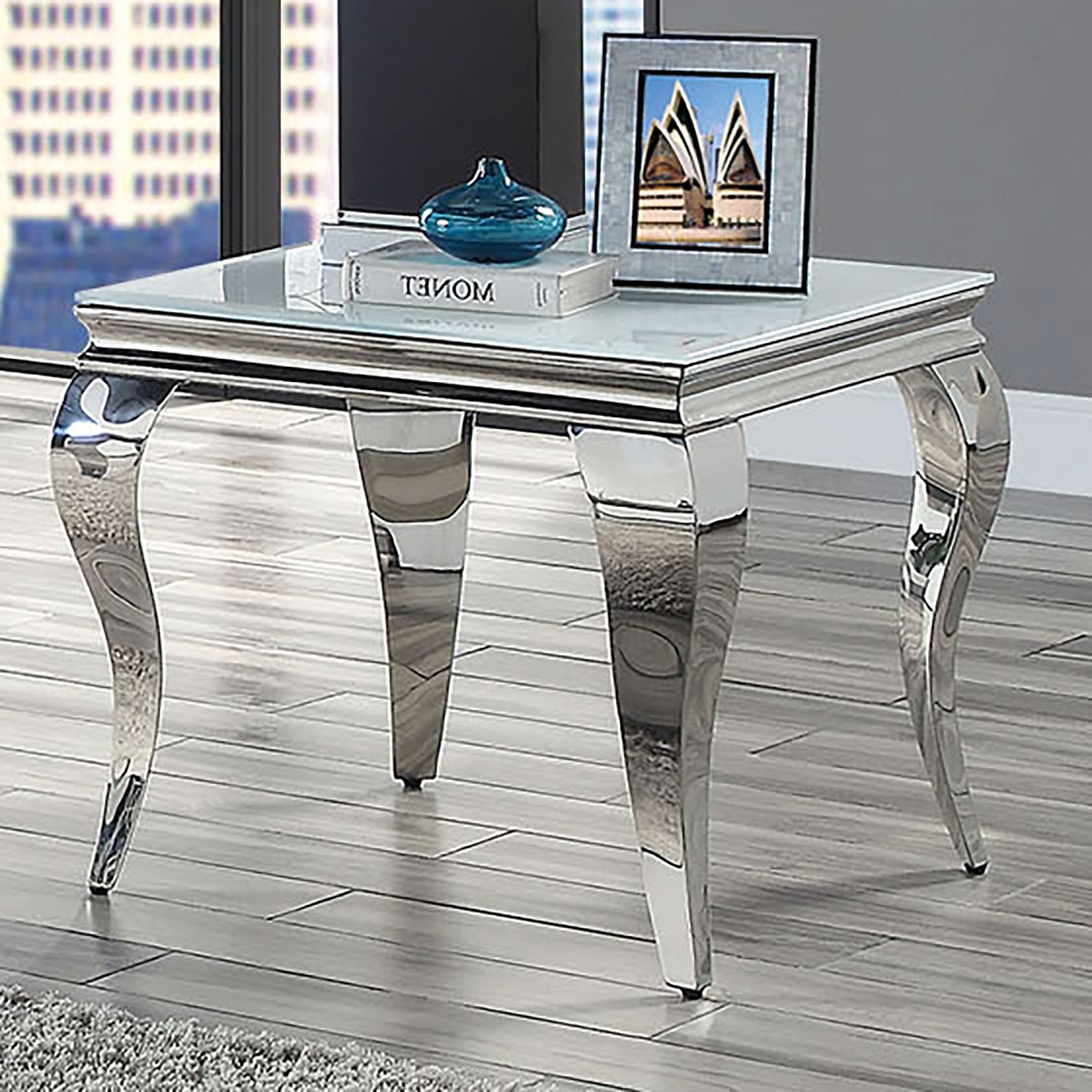 Glam Contemporary 1pc End Table White Glass Top Silver Color Table Living Room Stainless Steel Cabriole-Style Legs