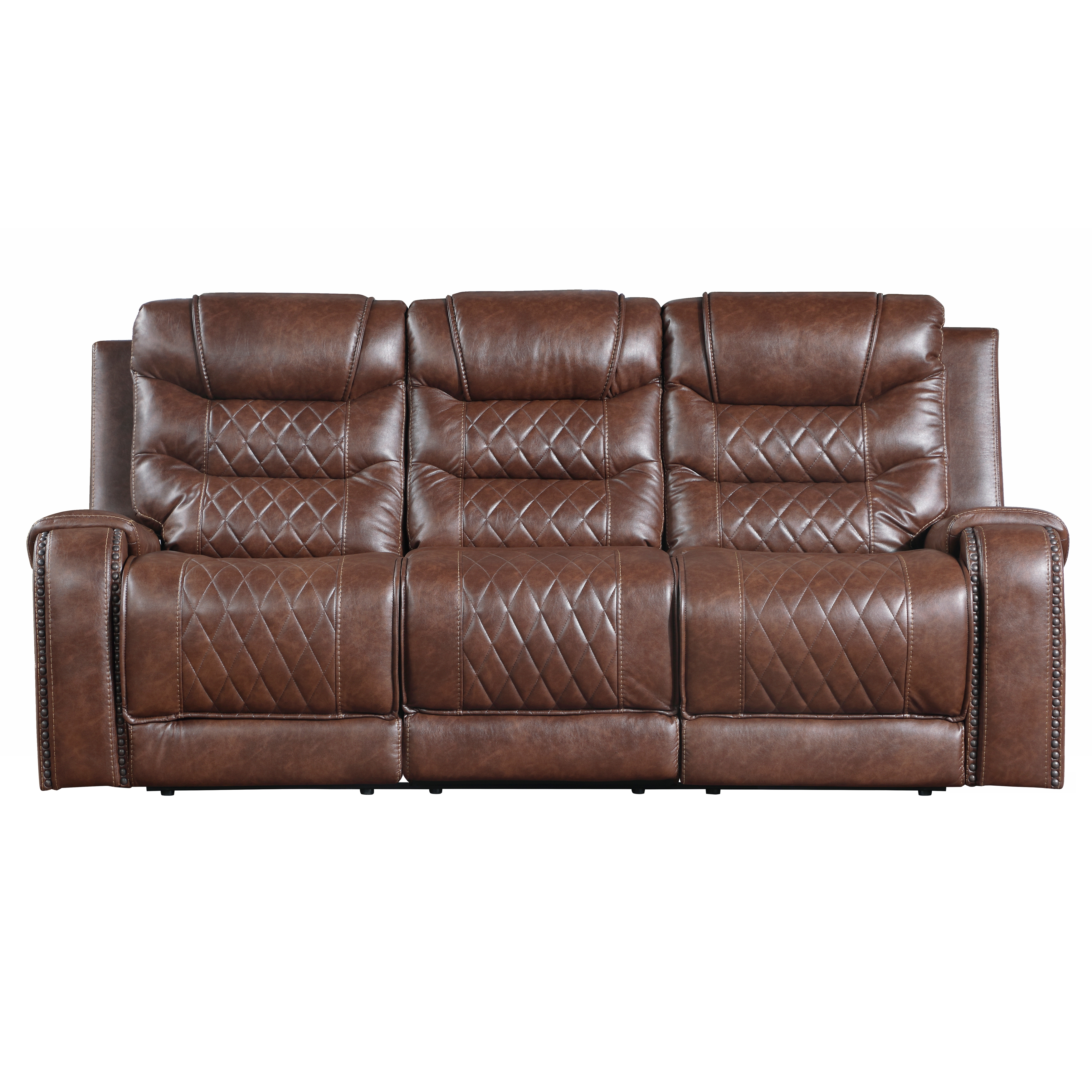 Luxurious Living Room Furniture 3pc Reclining Sofa Set Brown Breathable Faux Leather Upholstery Sofa Loveseat Swivel Chair, USB Ports, Power Outlets, Diamond pattern Stitching