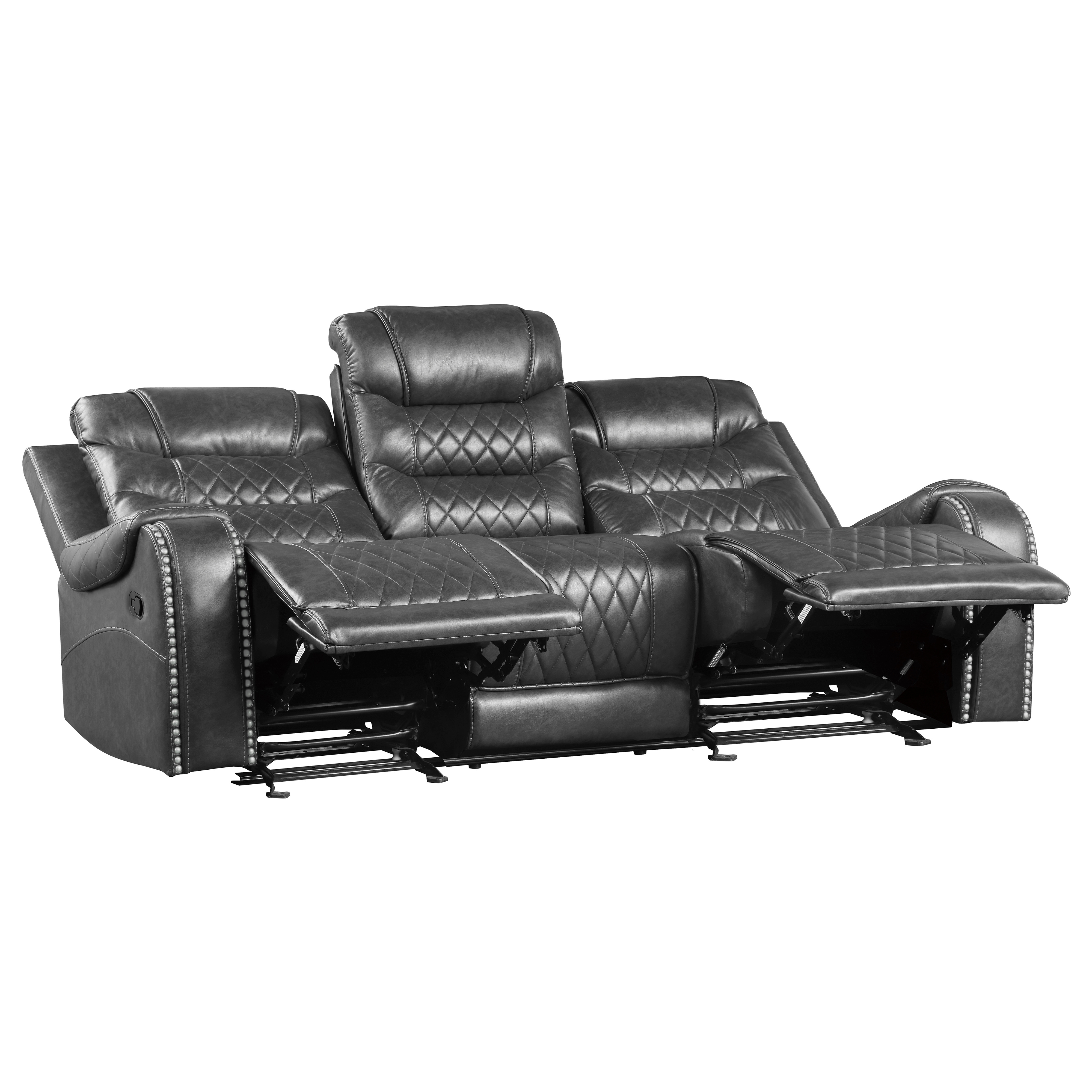 Luxurious Living Room Furniture 2pc Reclining Sofa Set Gray Breathable Faux Leather Upholstery Center Drop-Down Cup Holders, Power Outlets, USB Ports, Diamond Pattern Stitching