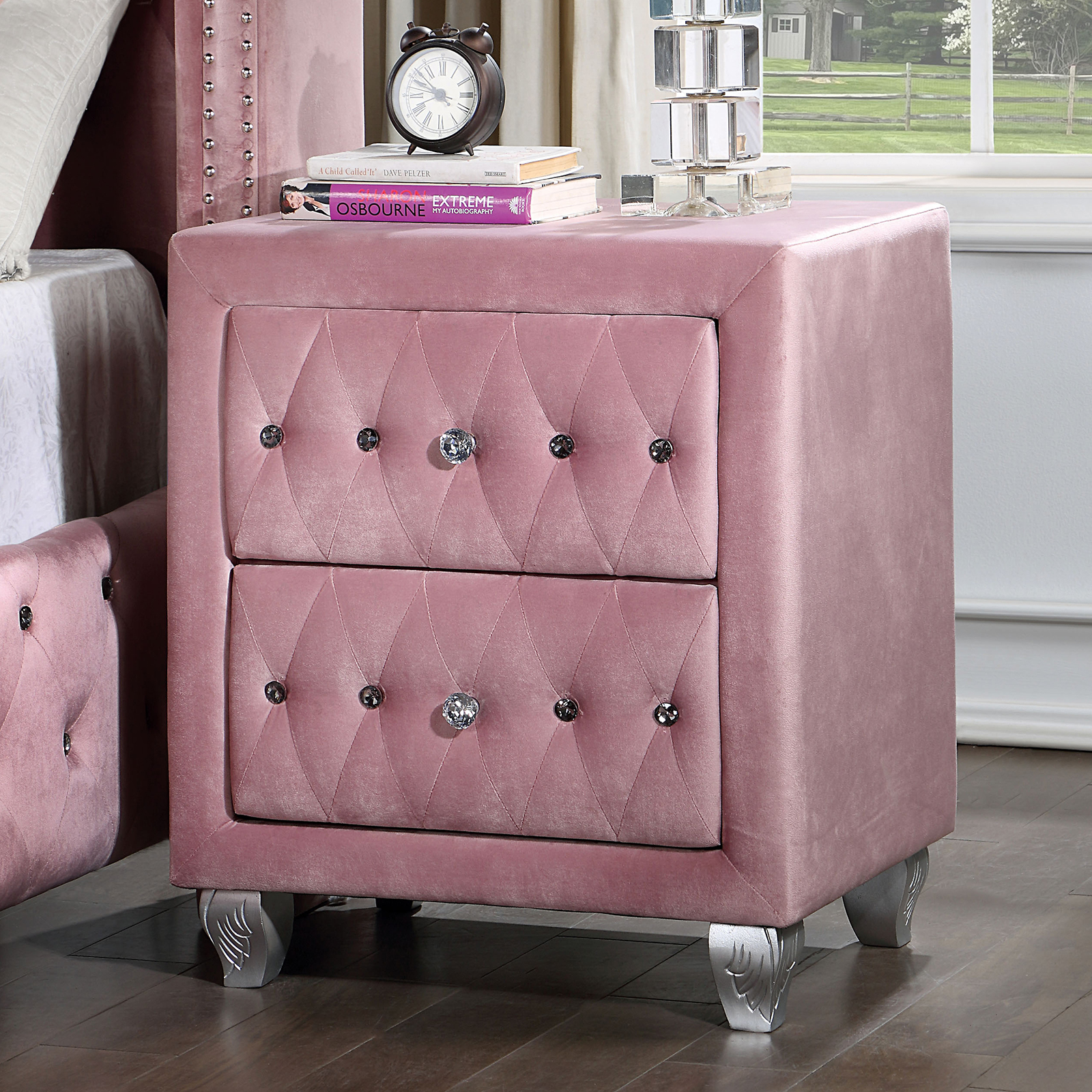 Beautiful Pink Color 1pc Nightstand Bedroom Furniture Bedside Table Crystal-like Acrylic Knob 2-Drawers Storage