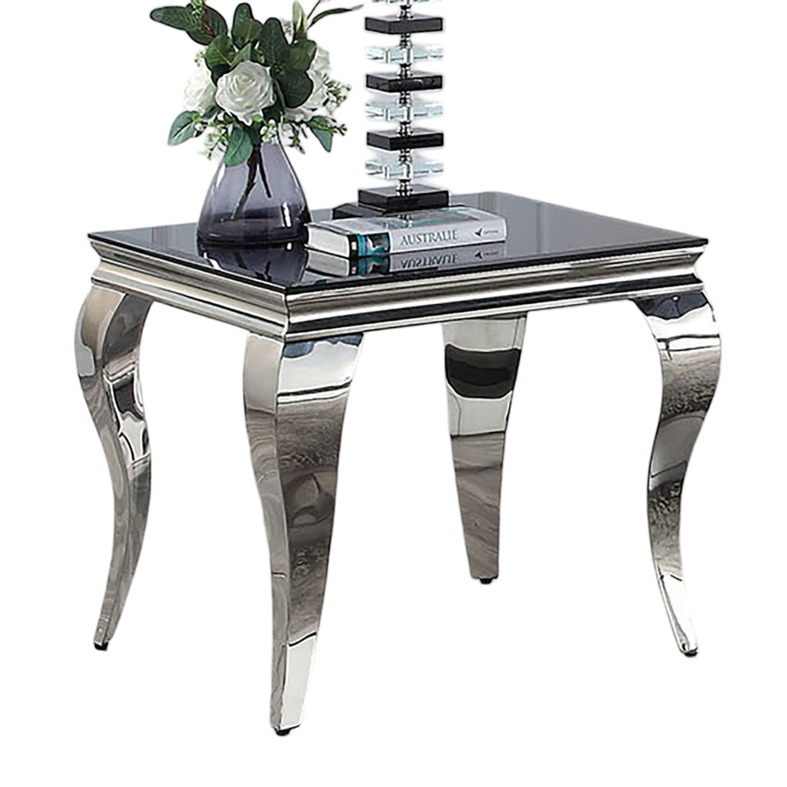 Glam Contemporary1pc End Table Black Glass Top Silver Color Table Living Room Stainless Steel Cabriole-Style Legs