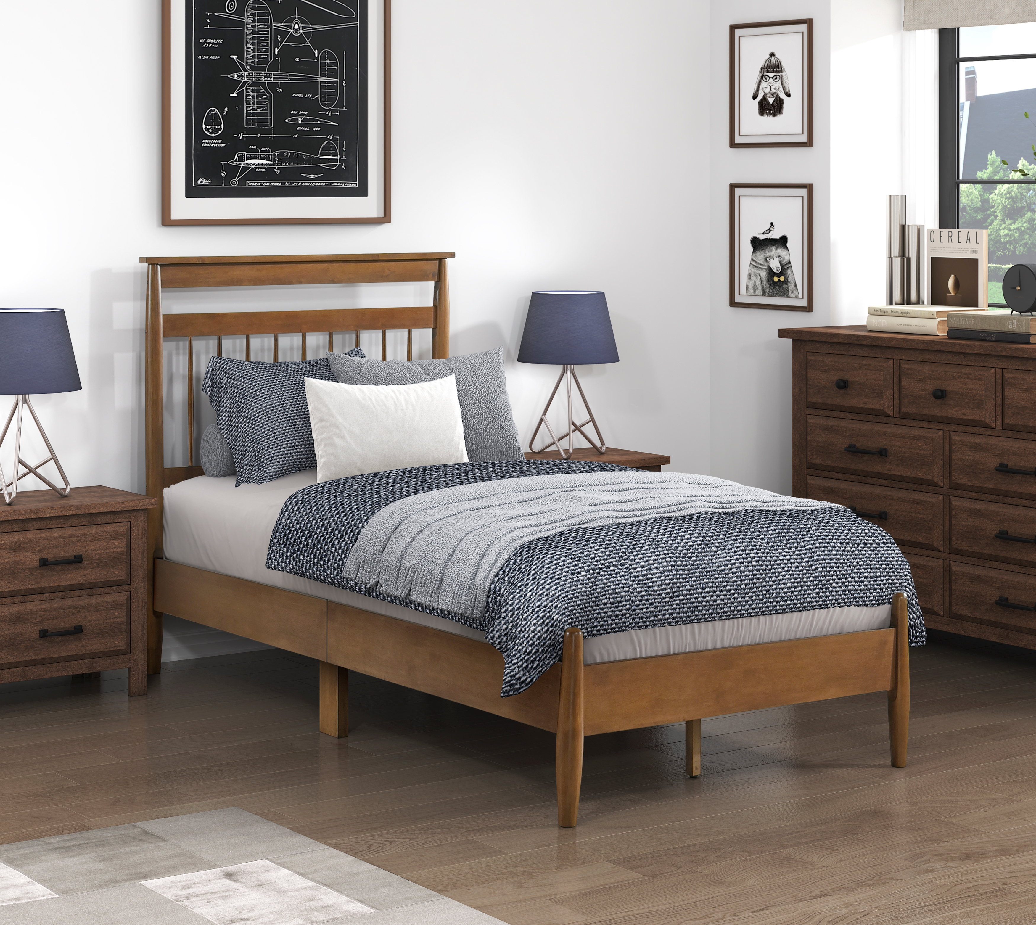 Transitional Design Twin Platform Bed Chestnut Finish Wood Frame Bedroom Furniture 1pc Bed in a Box