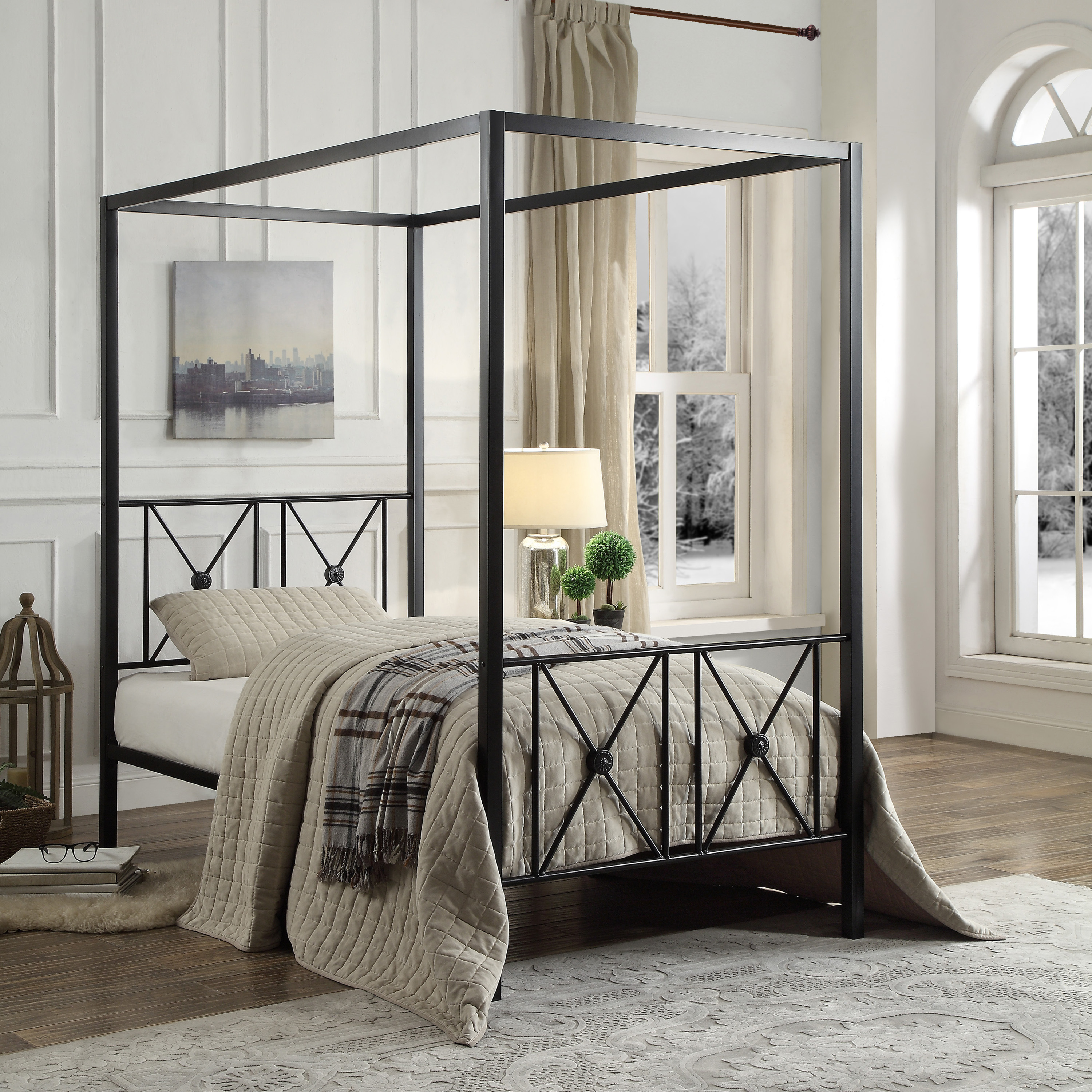 Black Finish Twin Platform Bed Canopy Metal Frame Modern Traditional 1pc