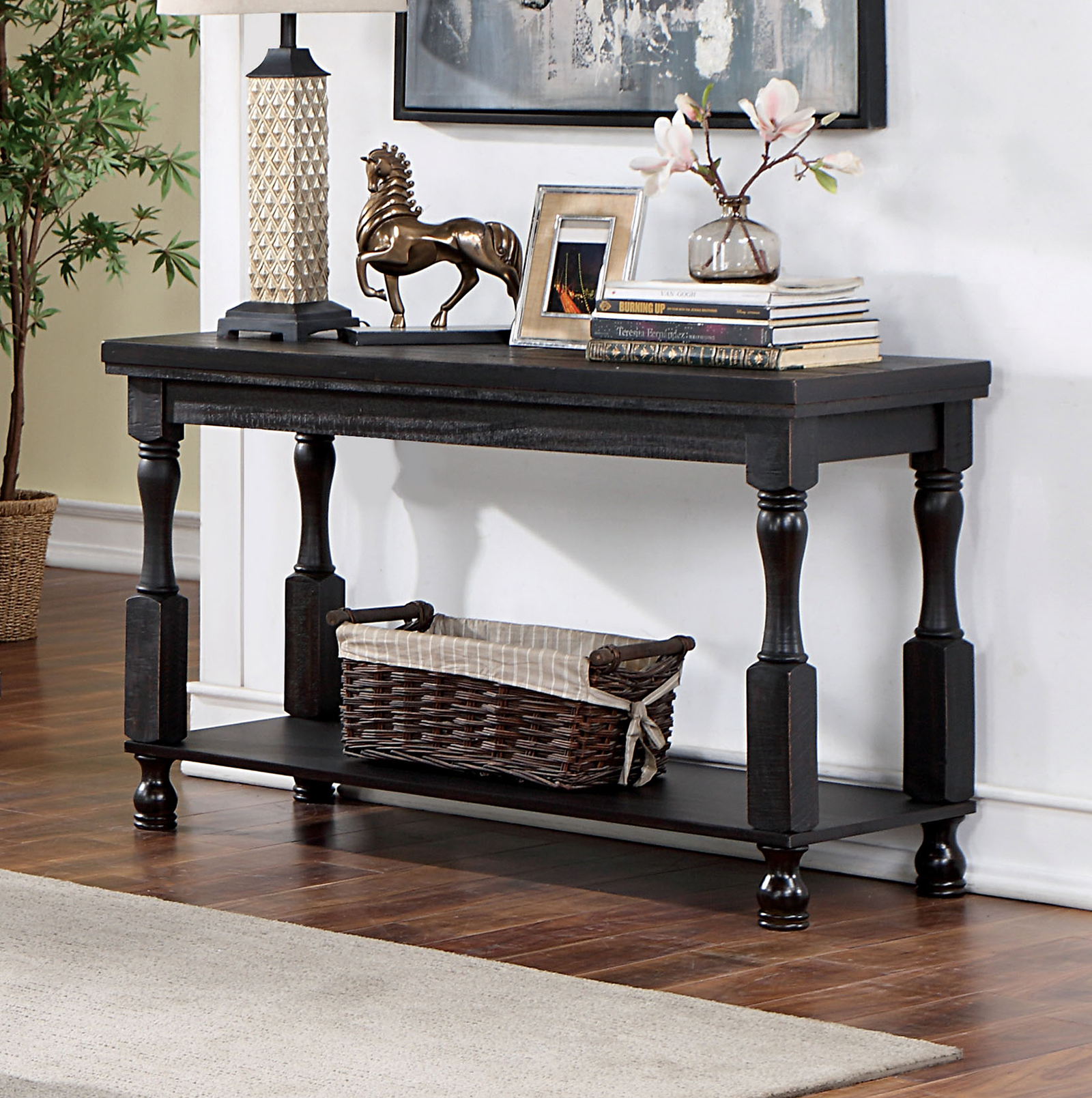 Rustic Style Antique Black 1pc SOFA TABLE Open Bottom Shelf Plank Style Table Top Living Room Furniture