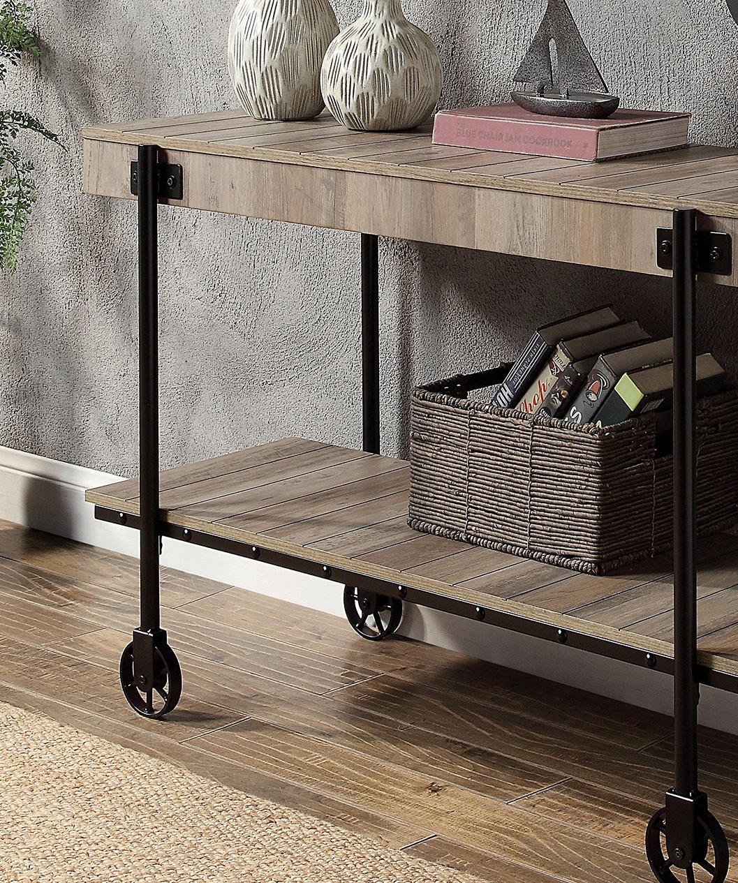 Industrial Style 1pc Sofa Table Natural Tone Slat Design Console Table Open Bottom Shelf Living Room Furniture