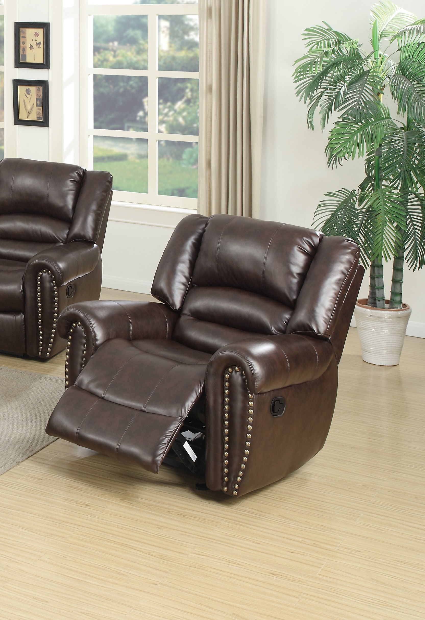 Modern 1pc Manual Motion Recliner Chair Glider Dark Brown Bonded Leather Armrest Cushion Seating Nailhead Living Room Furniture