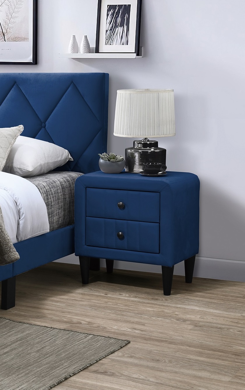 Navy Blue Color Velvet Gorgeous 1pc Nightstand Bedside Table 2x Drawers Bedroom Furniture Sleek Design Tempered Legs