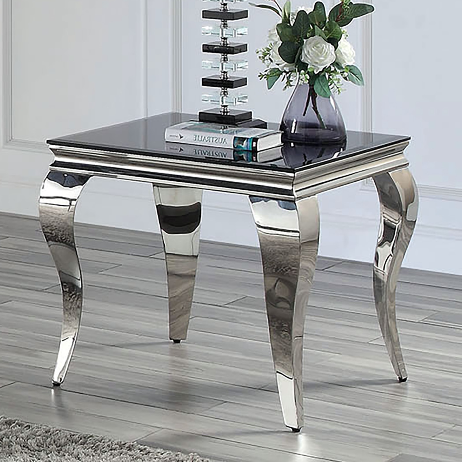 Glam Contemporary1pc End Table Black Glass Top Silver Color Table Living Room Stainless Steel Cabriole-Style Legs