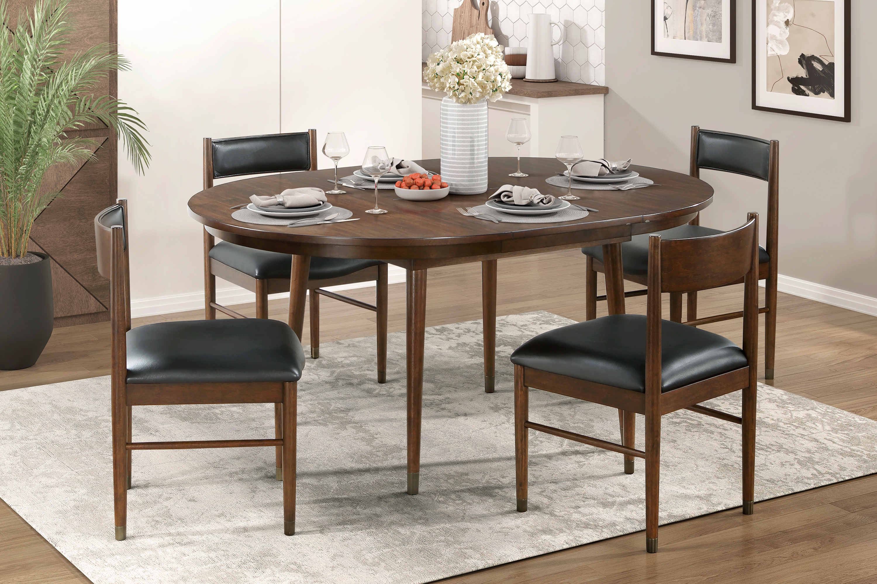 5pc Classic Luxury Dining Set Table with Self-Storing Extension Leaf and 4 Black Leather Upholstered Chairs Cherry Finish Dining Kitchen Wooden Furniture