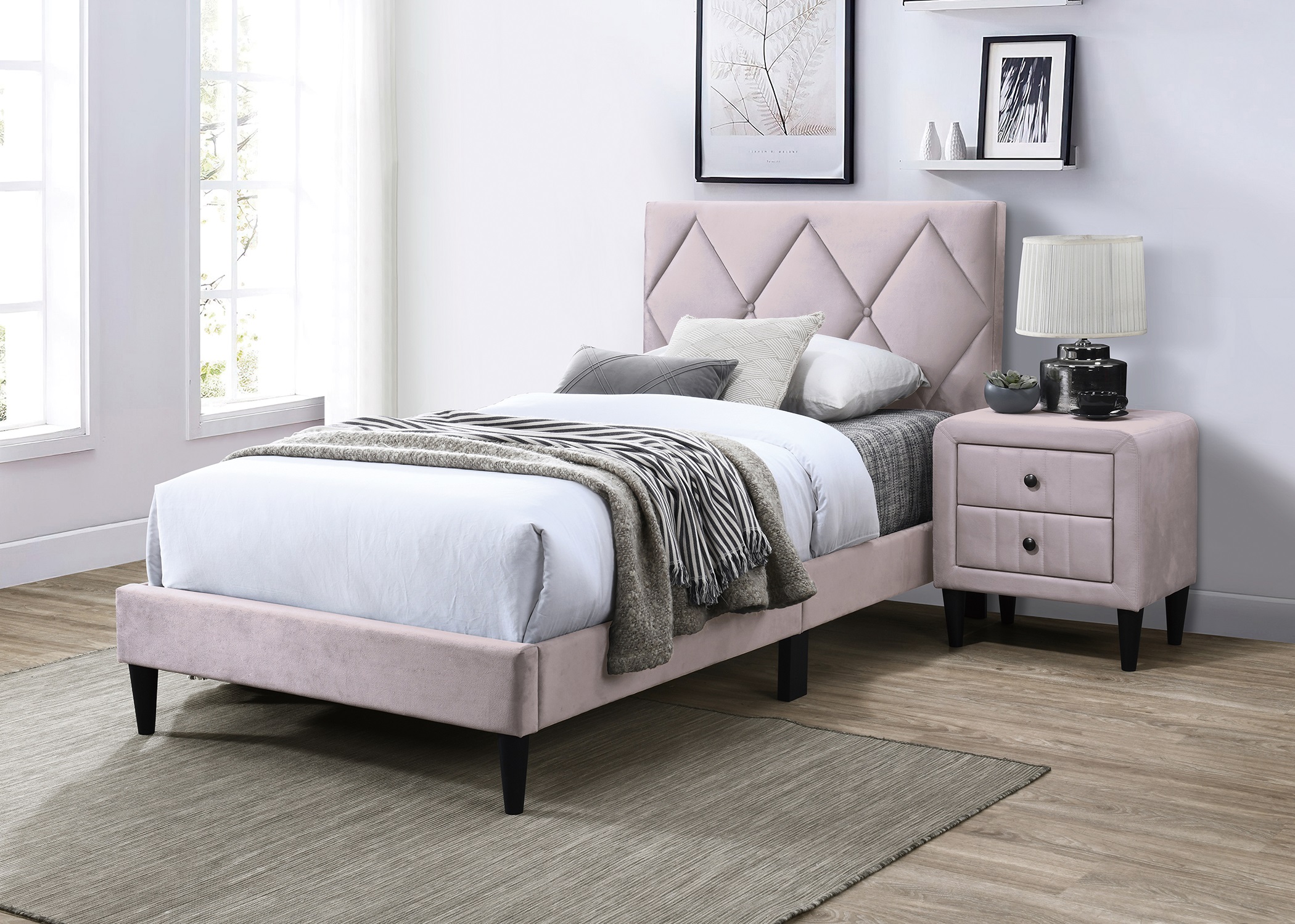 Light Pink Color Velvet Gorgeous 1pc Nightstand Bedside Table 2x Drawers Bedroom Furniture Sleek Design Tempered Legs