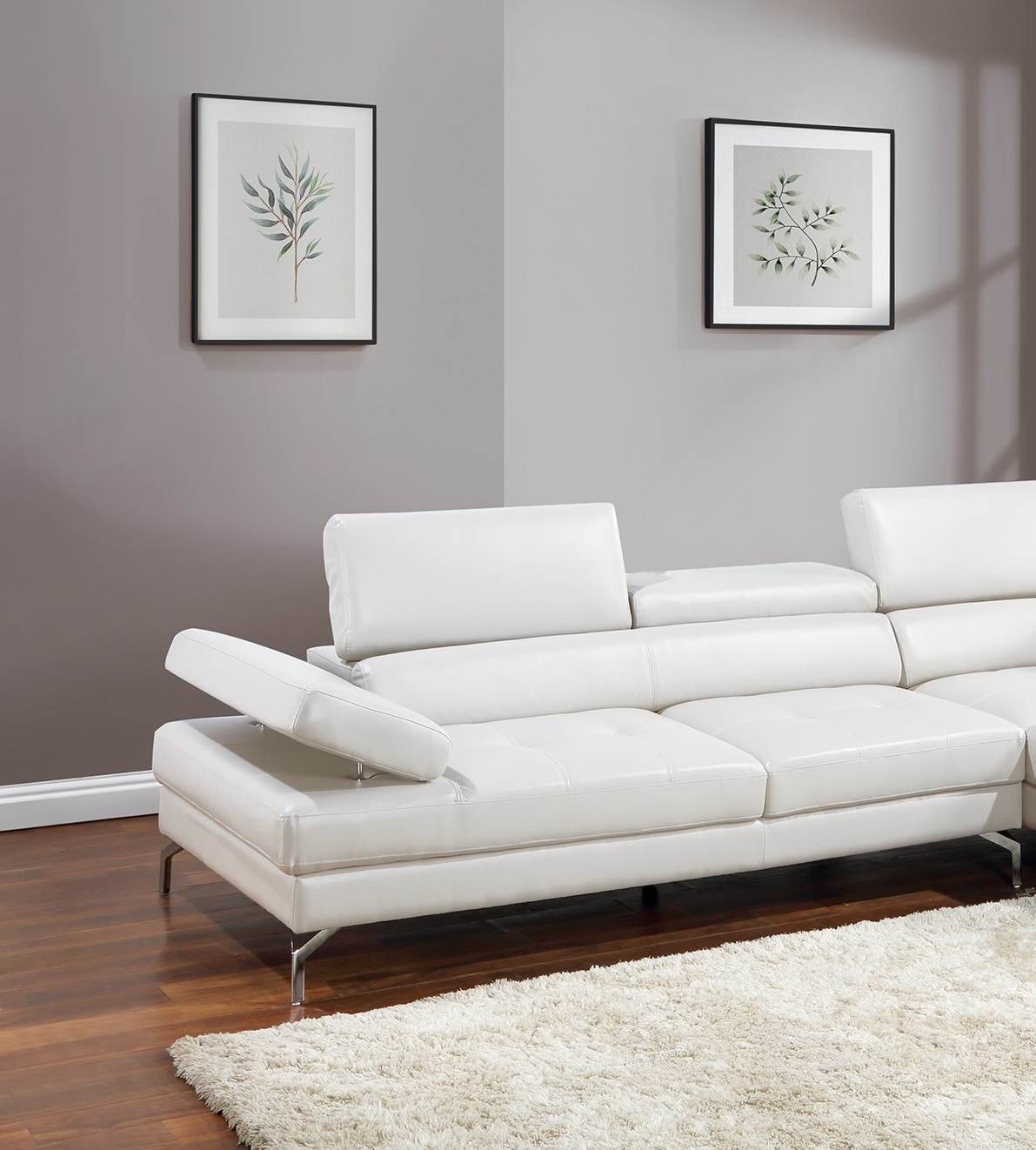 White Sectional Couch 2pc Set Living Room Faux Leather Right Facing Chaise And Left Facing Sofa Adjustable Armrest Headrest