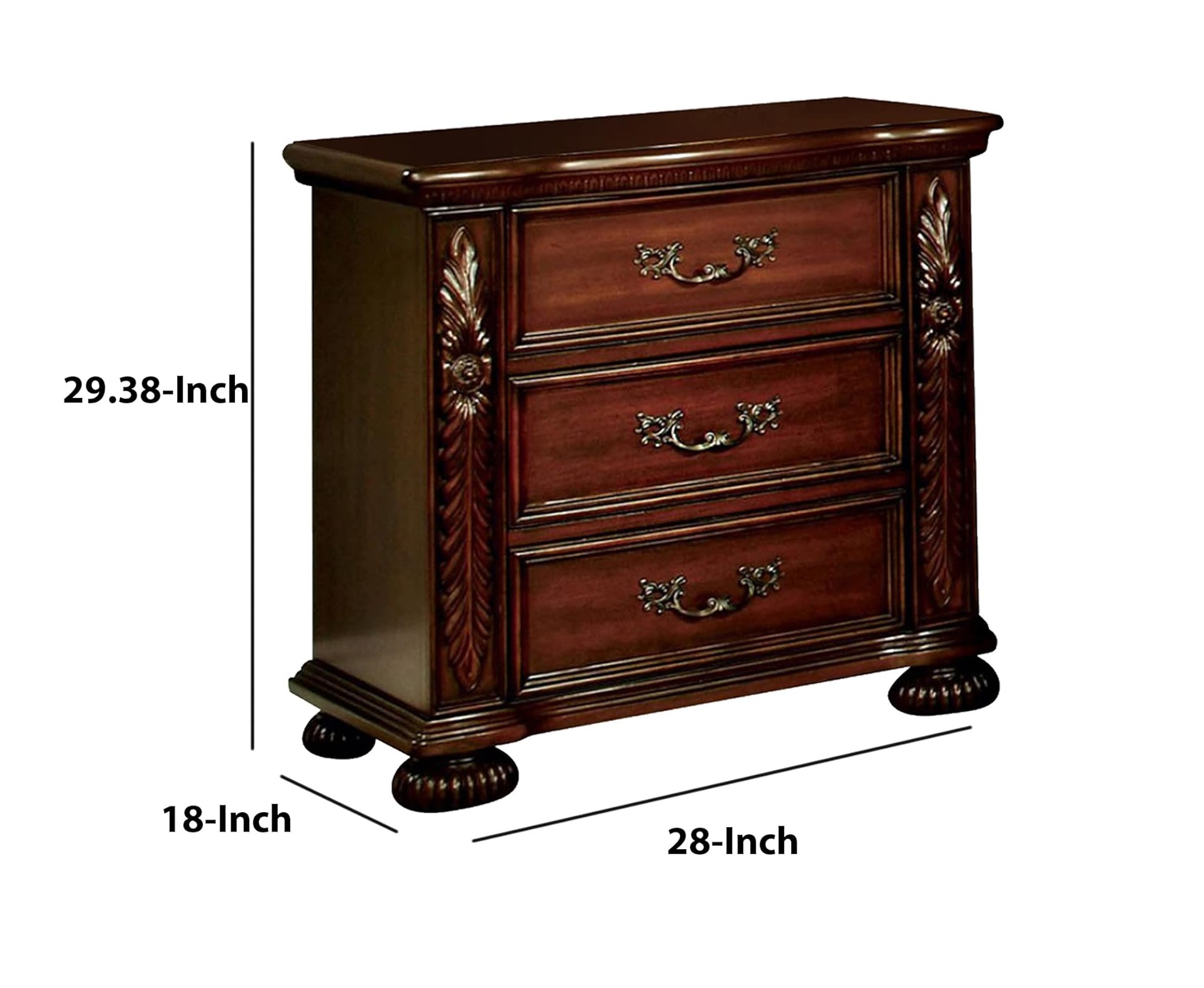 Brown Cherry Traditional 1pc Nightstand Solid wood 3-Drawers Bedside Table Pewter Hanging Pull Grand Design Bedroom Furniture