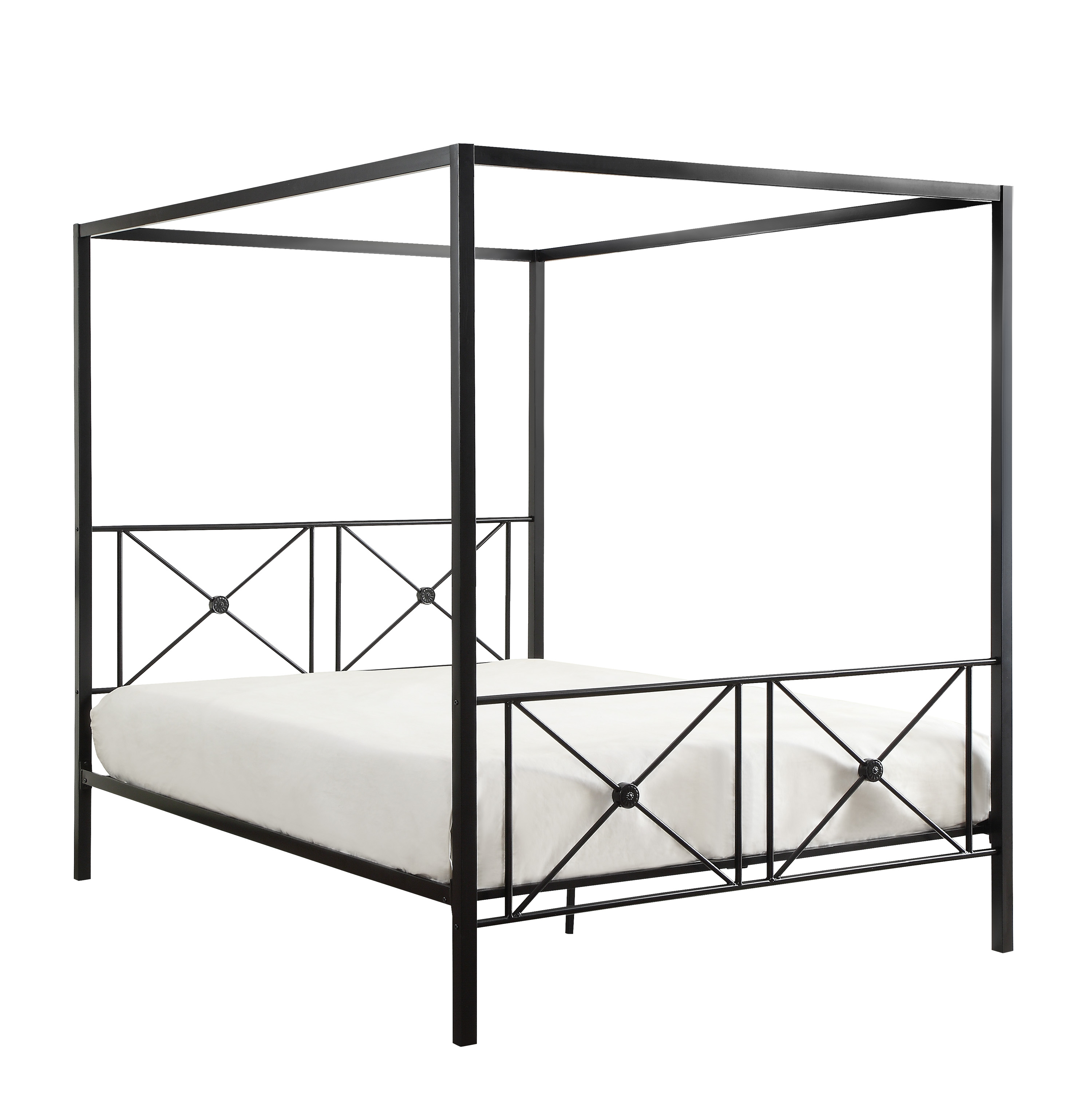 Black Finish Queen Platform Bed Canopy Metal Frame Modern Traditional 1pc