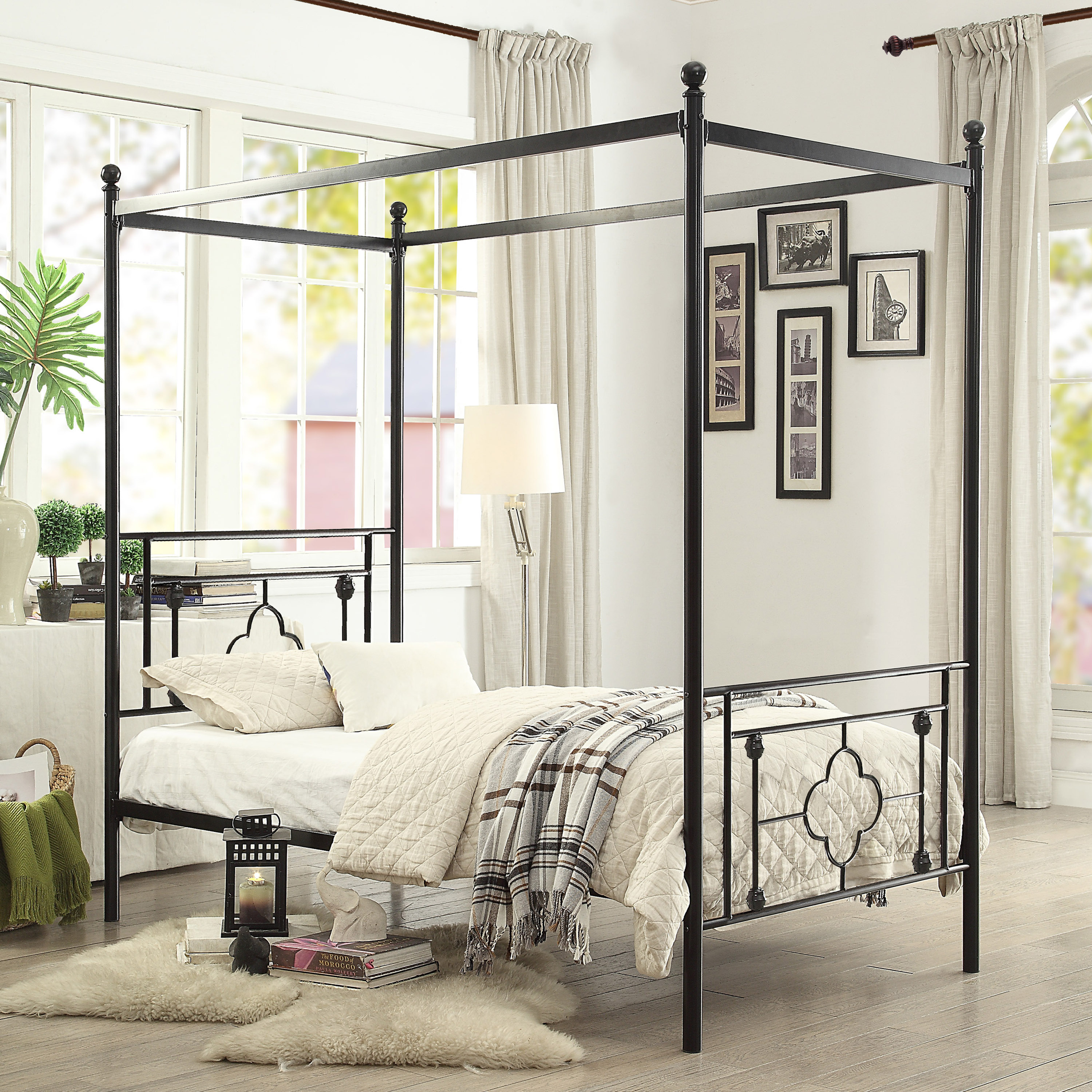 1pc Twin Platform Canopy Bed Black Finish Metal Frame Ball Finials Modern Traditional Look