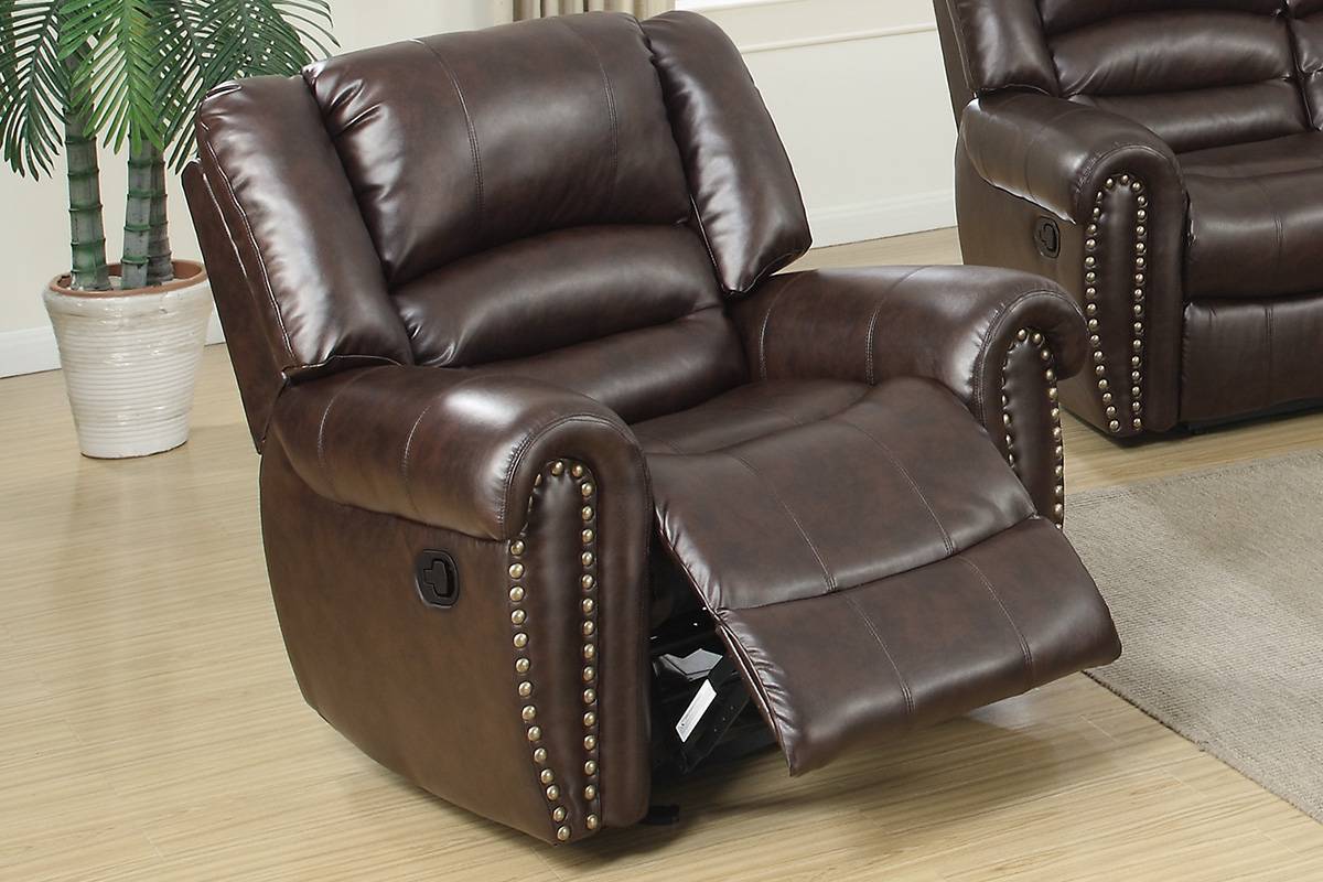 Modern 1pc Manual Motion Recliner Chair Glider Dark Brown Bonded Leather Armrest Cushion Seating Nailhead Living Room Furniture