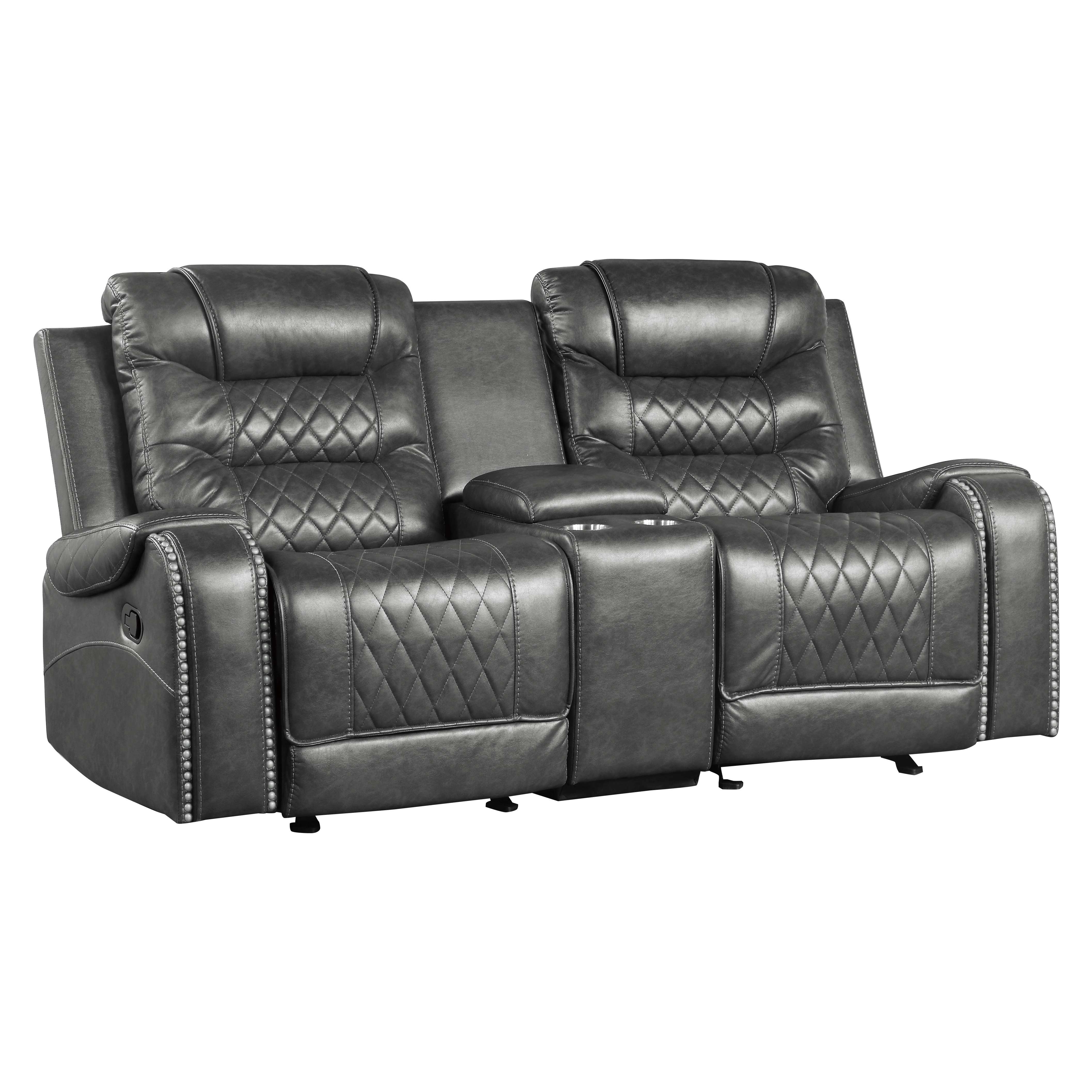 Luxurious Living Room Furniture 2pc Reclining Sofa Set Gray Breathable Faux Leather Upholstery Center Drop-Down Cup Holders, Power Outlets, USB Ports, Diamond Pattern Stitching