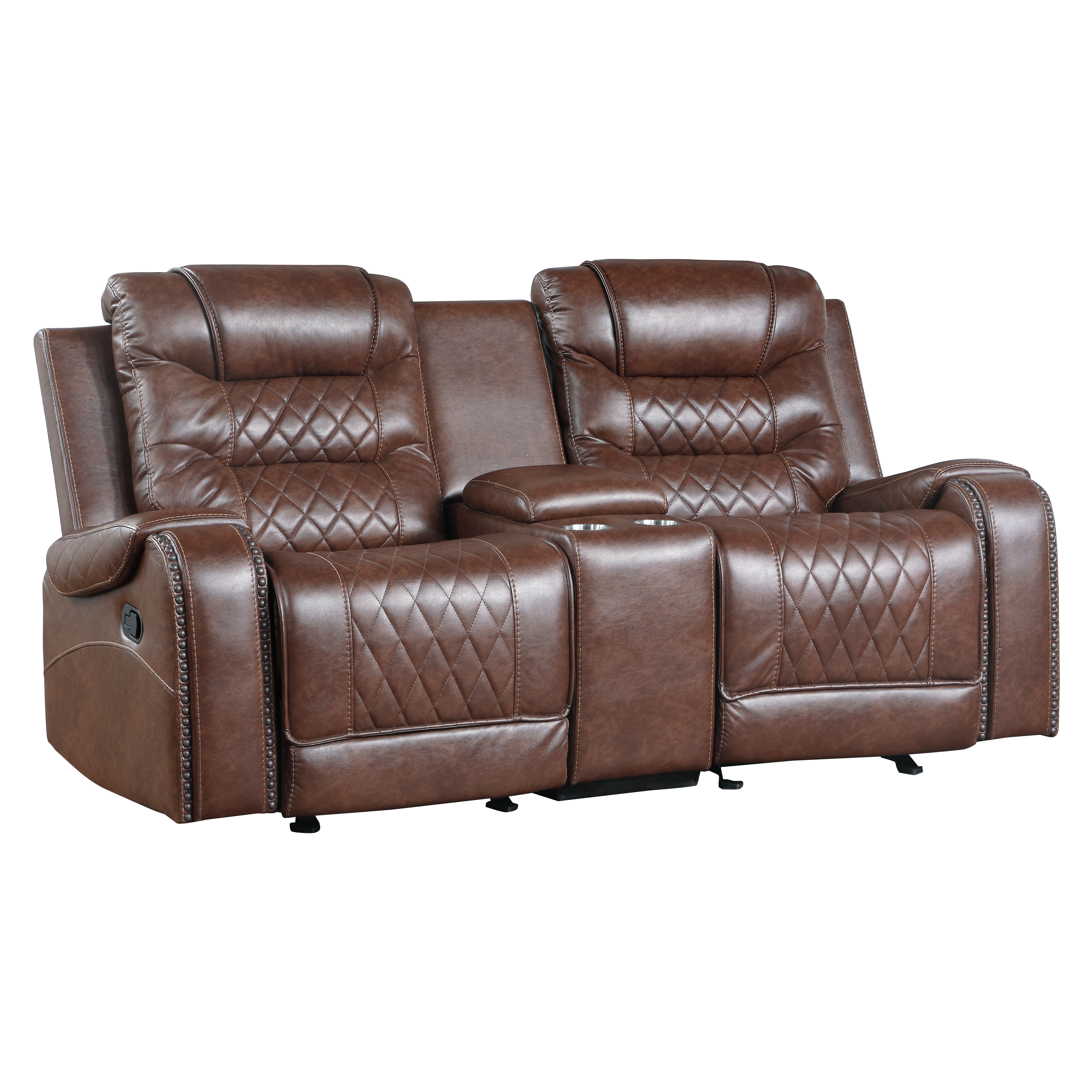 Luxurious Living Room Furniture 3pc Reclining Sofa Set Brown Breathable Faux Leather Upholstery Sofa Loveseat Swivel Chair, USB Ports, Power Outlets, Diamond pattern Stitching