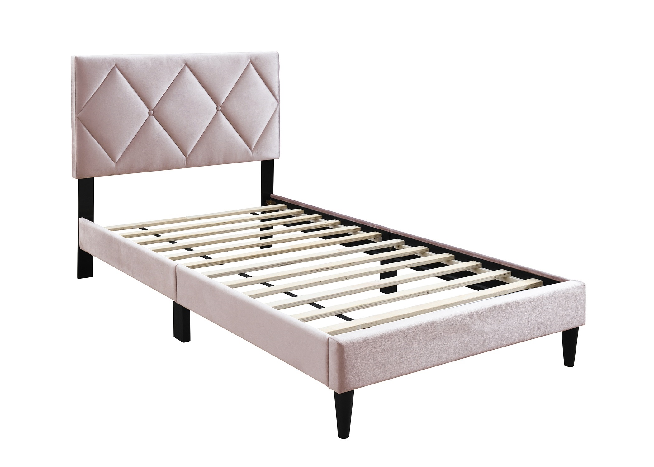 Full Size Bed w Adjustable Headboard 1pc Bedframe, Light Pink Velvet Upholstered Youth Bedroom Furniture