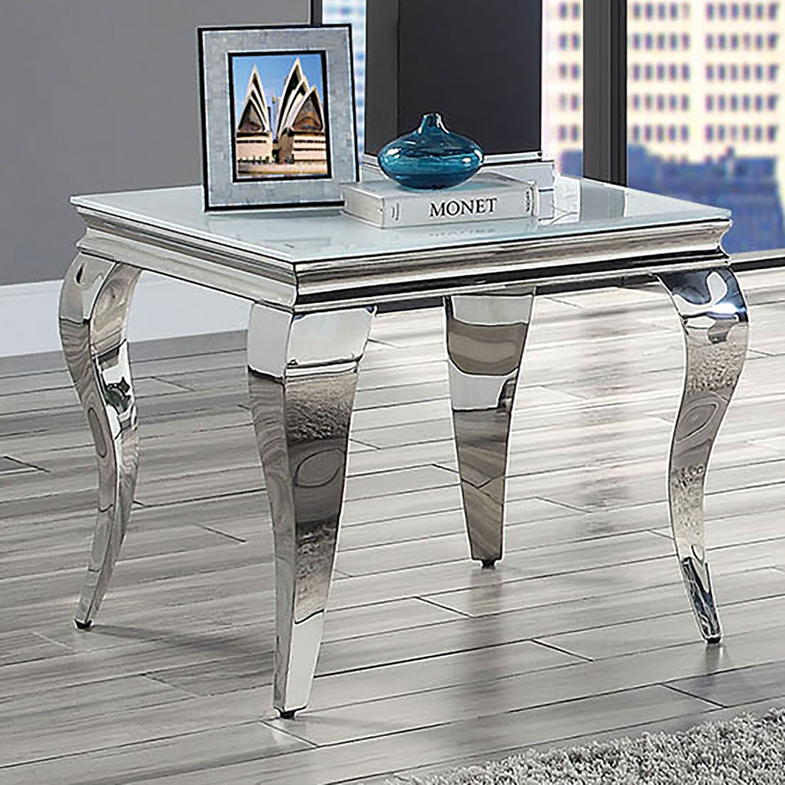 Glam Contemporary 1pc End Table White Glass Top Silver Color Table Living Room Stainless Steel Cabriole-Style Legs